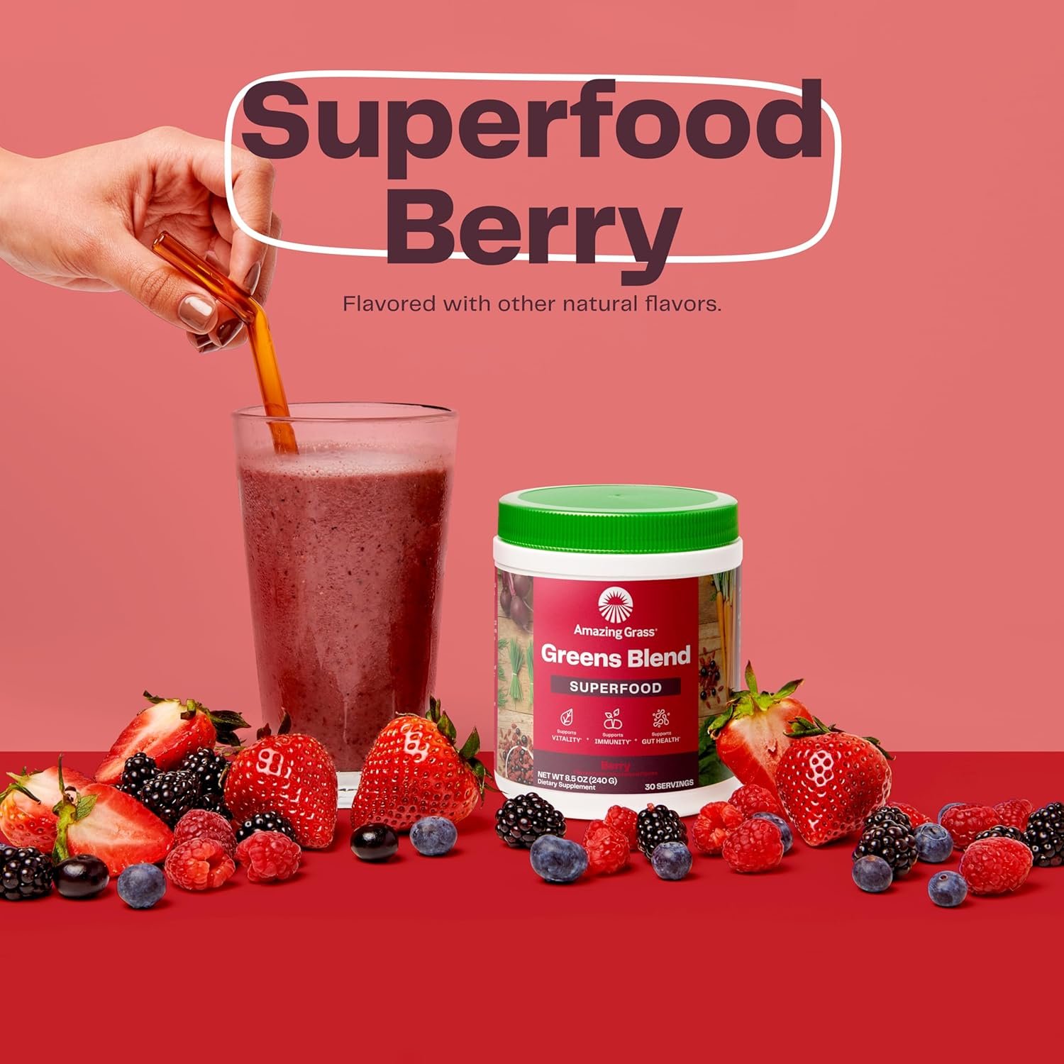 Amazing Grass Greens Superfood Powder: Greens Powder with Digestive Enzymes & Probiotics, Organic Spirulina, Chlorella, and Beet Root Powder, Berry, 30 Servings (Packaging May Vary) - Image 4