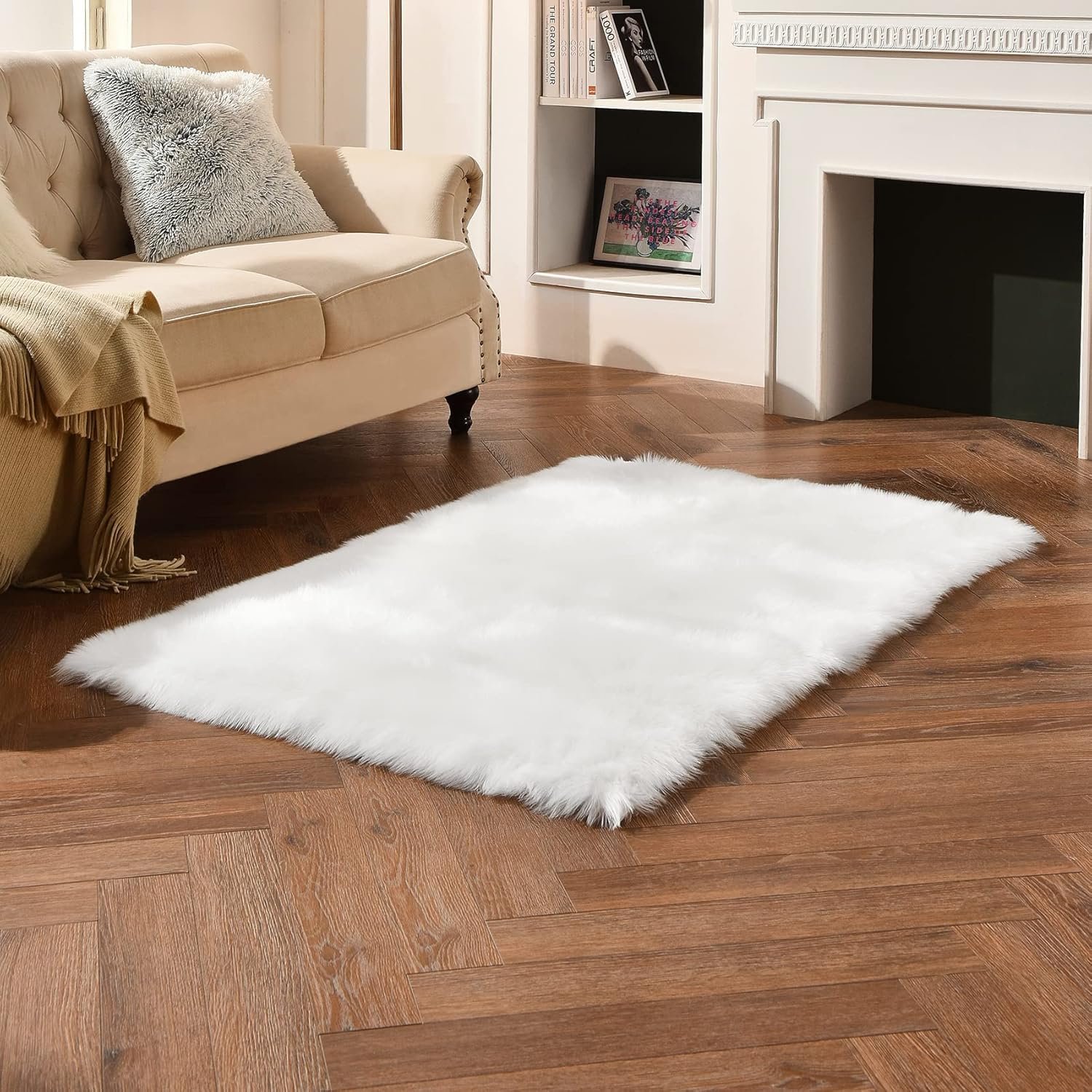duduta White Rectangle Faux Fur Rug 3x5 ft, Fluffy Sheepskin Carpet Rug Washable for Bedroom Nursery Living Room - Image 5