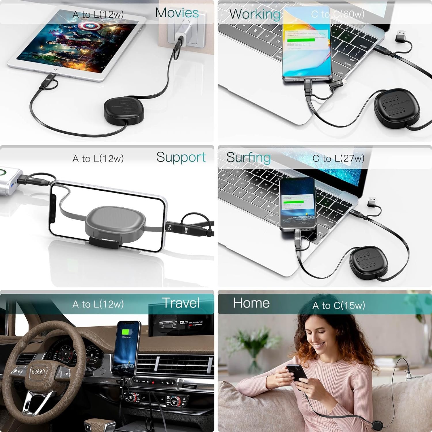 Multi Charging Cable, 2Pack 5 in 1 Retractable Lightning Chrger Cable 60W Fast Charging & Data Sync, Retractable Charging Cord Multi Car Charger for iPhone 16/15/14/13 iPads Samsung S24 S23 Tablets - Image 5