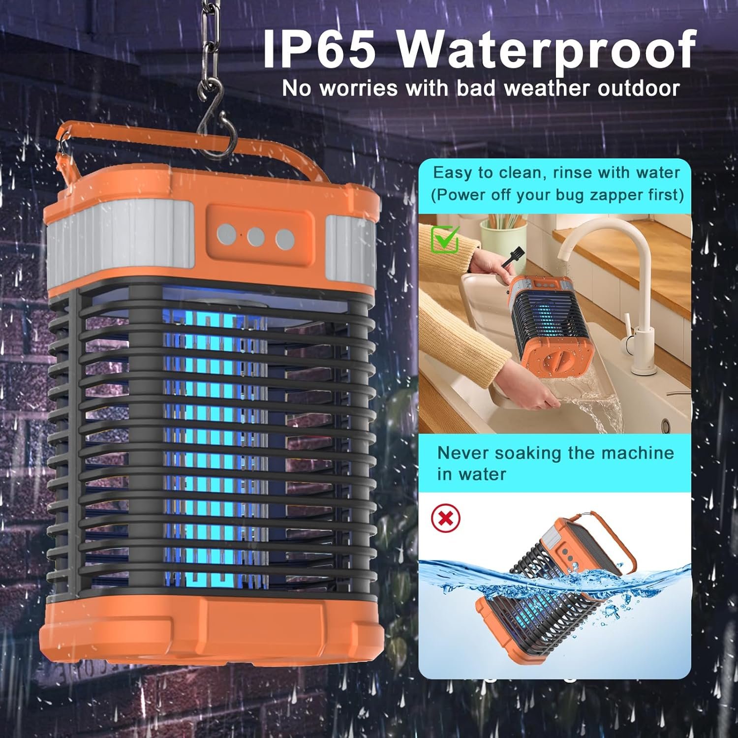 Solar Bug Zapper, 4200V Mosquito Zapper, Cordless & Rechargeable Bug Zapper Outdoor with LED Light, Portable Waterproof Electric Fly Zapper with Hook, for Patio Camping Backyard Garden - Image 7