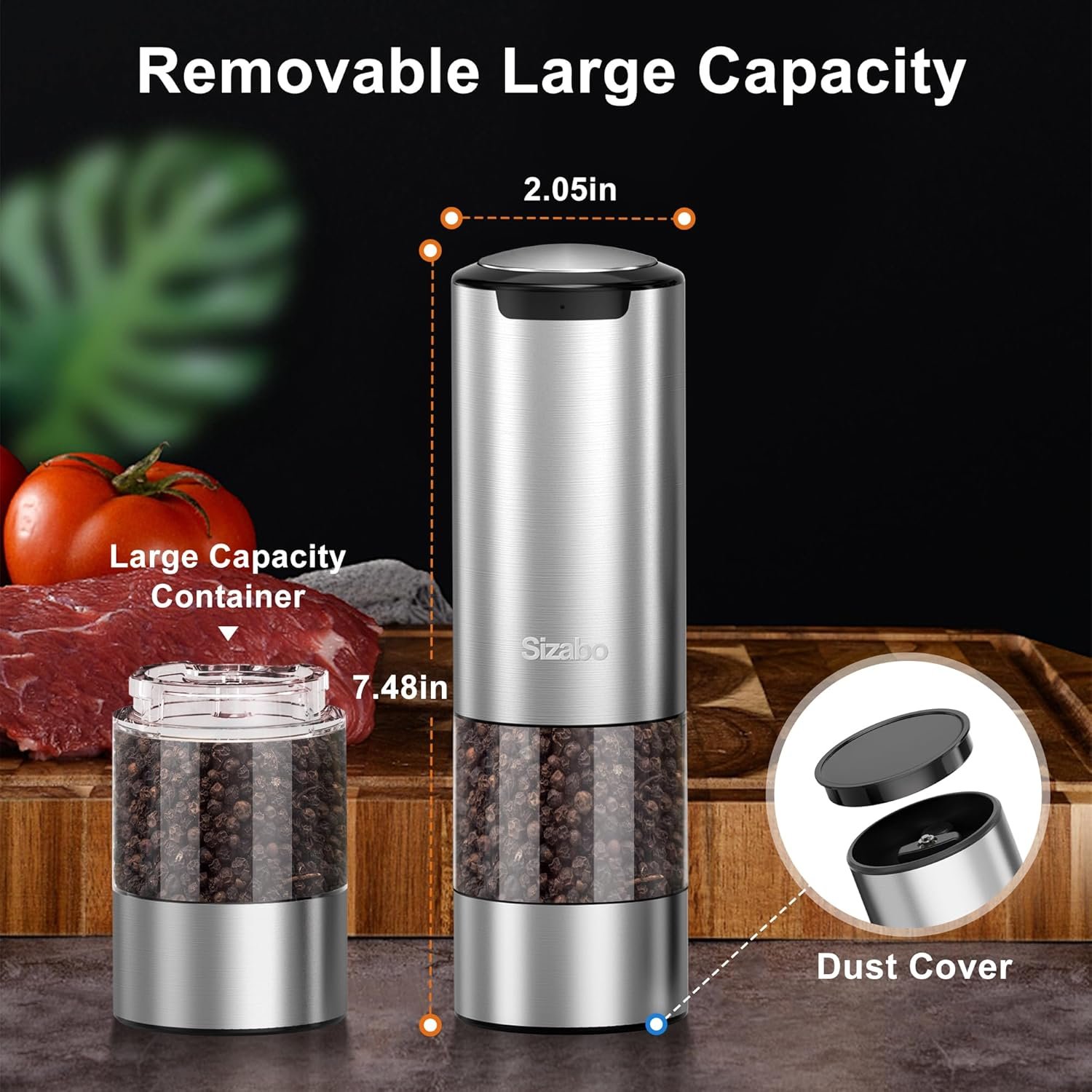 Electric Salt and Pepper Grinder Set, Type-C Rechargeable Automatic Salt Pepper Shakers Mill Grinder, One Hand Operation, Adjustable Coarseness, LED Light, Kitchen, Restaurant, Outdoor - Image 3