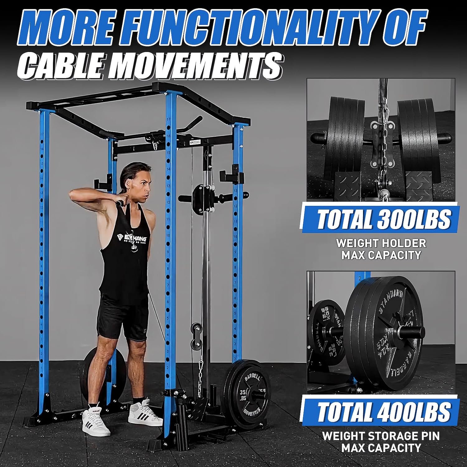 ER KANG Power Cage, Power Rack with LAT Pulldown, Multi-Functional Squat Rack, Squat Cage with More Training Attachments for Home Gym(Blue) - Image 3