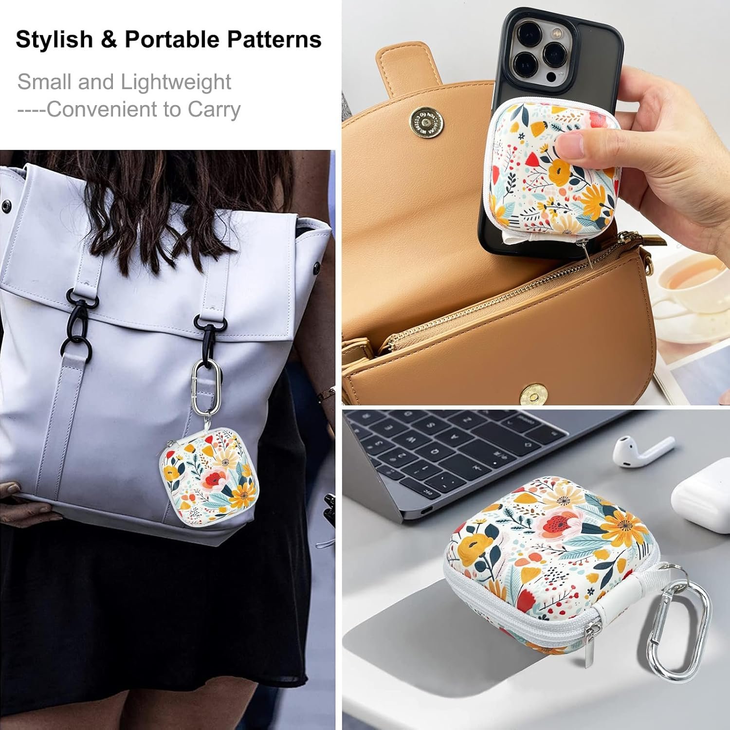 Square Earbud Case, Headphone Organizer Ear Bud Case Portable EVA Carrying Case Storage Bag with Carabiner for AirPods 4 Airpods Pro 2 Beats Bose Galaxy Buds 3 Data Cable Storage (Blooming Floral) - Image 6