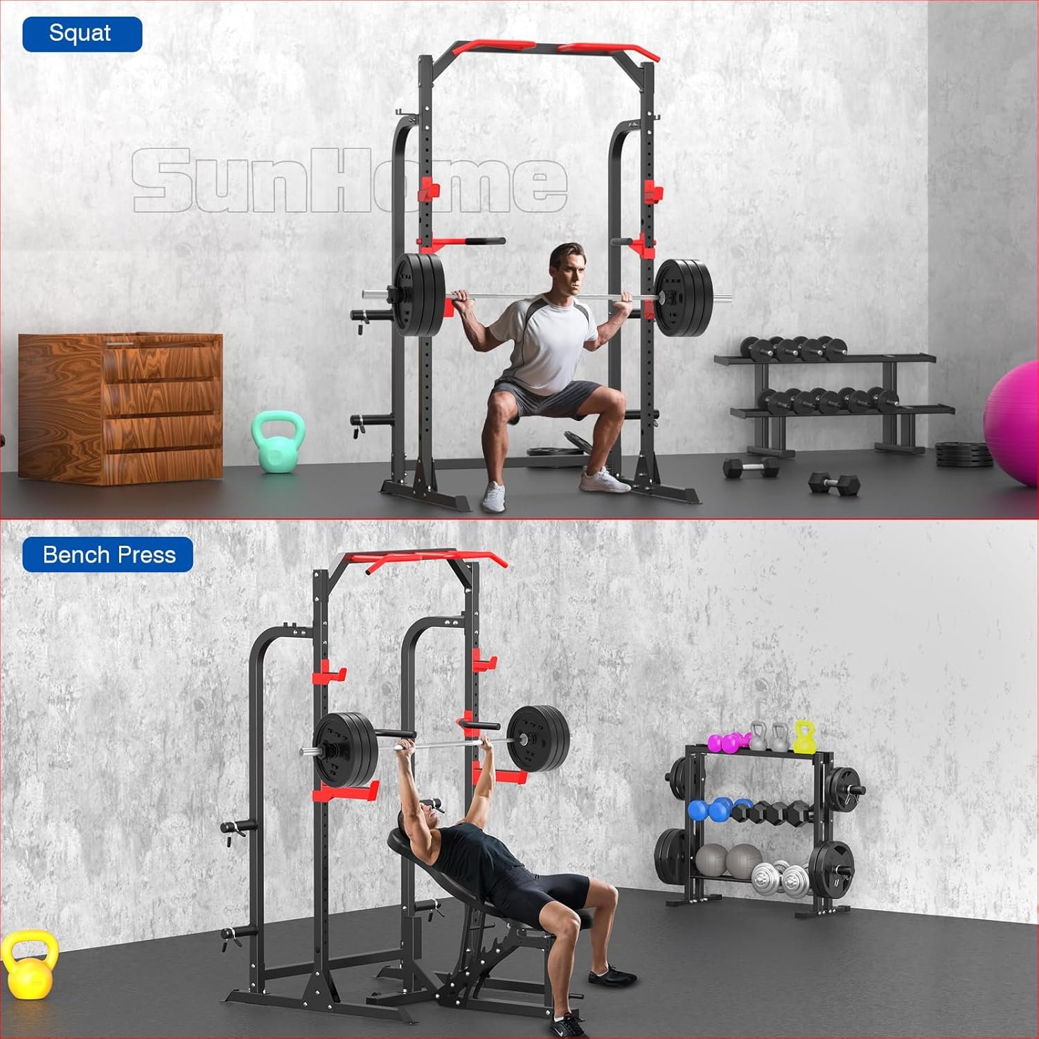SunHome Power Cage Squat Rack, Multi-Functional Power Rack with J-Hooks, Dip Handles, Weight Plate and Olympic Bar Storage Home Gym - Image 2