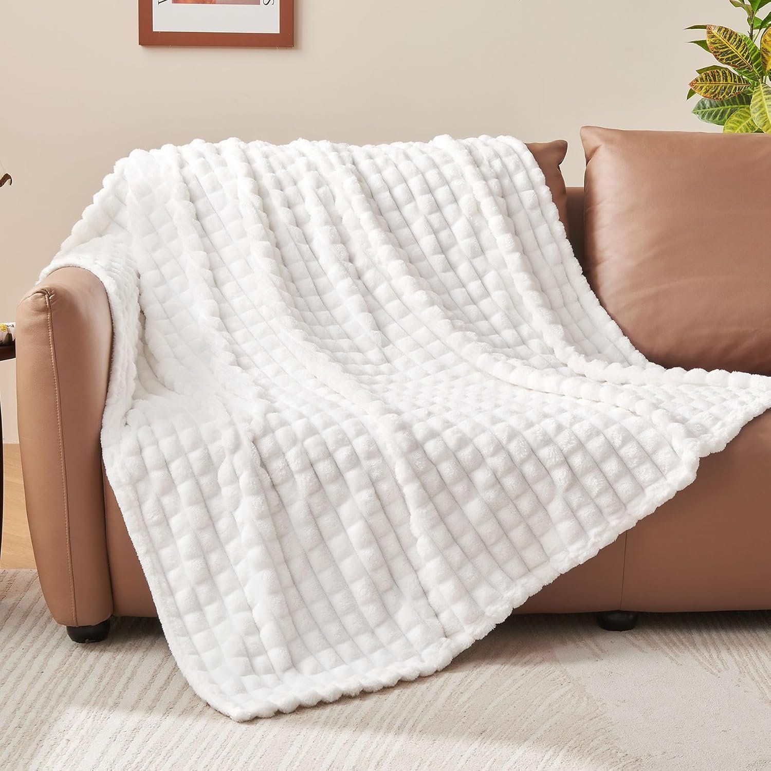 BEDELITE White Throw Blanket for Couch and Bed- Super Soft and Warm 3D Checkered Fluffy Fuzzy Fleece Blanket, Luxurious Plush Cozy Blanket for Room Decor Fall and Winter, 50x60 inches - Image 3