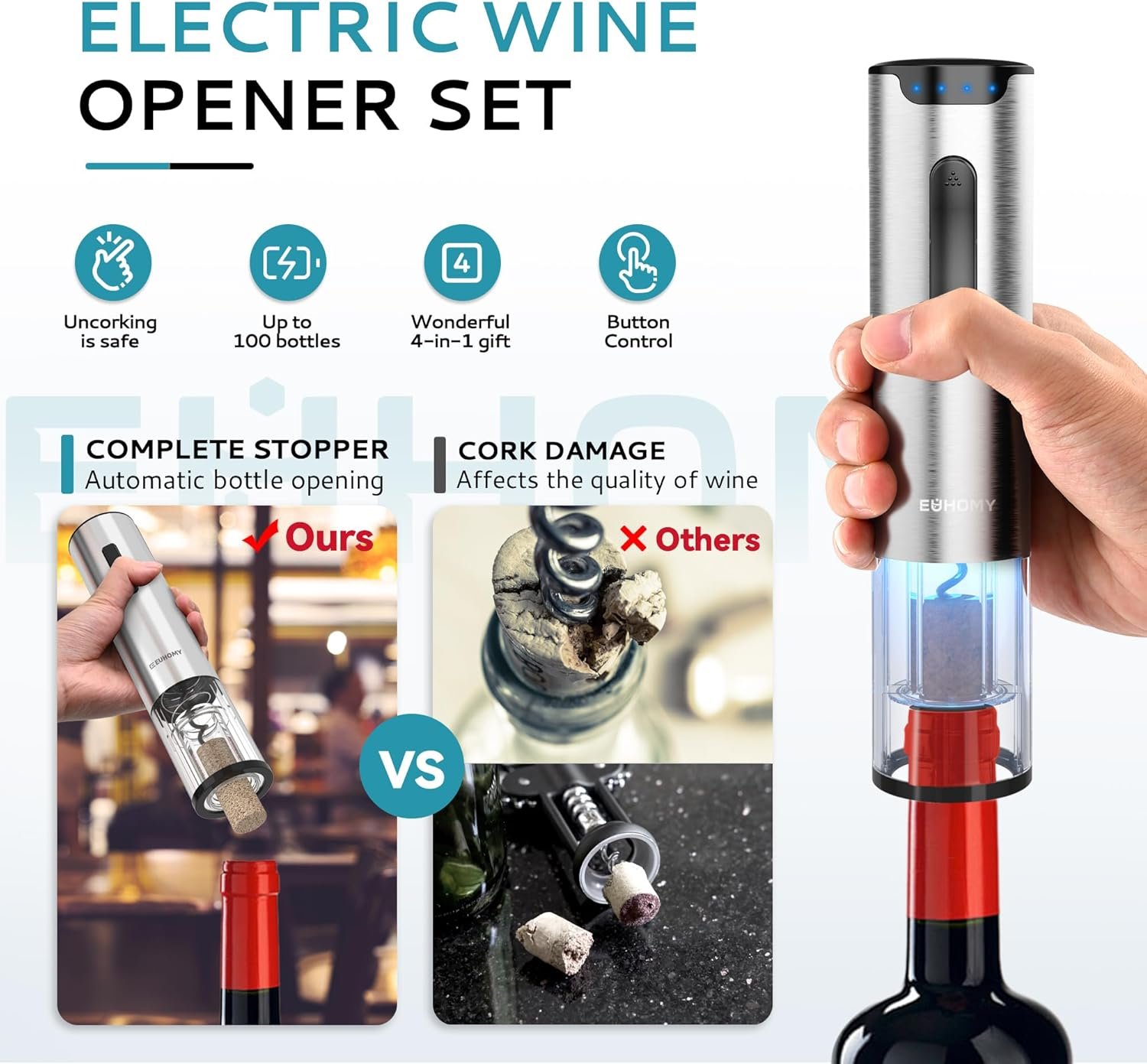 EUHOMY Electric Wine Opener Set, Wine Bottle Opener with Wine Aerator Pourer and Foil Cutter, Stainless Steel Automatic Corkscrew Opener with Wine Vacuum Stopper,Fine Set for Wine Lovers - Image 4