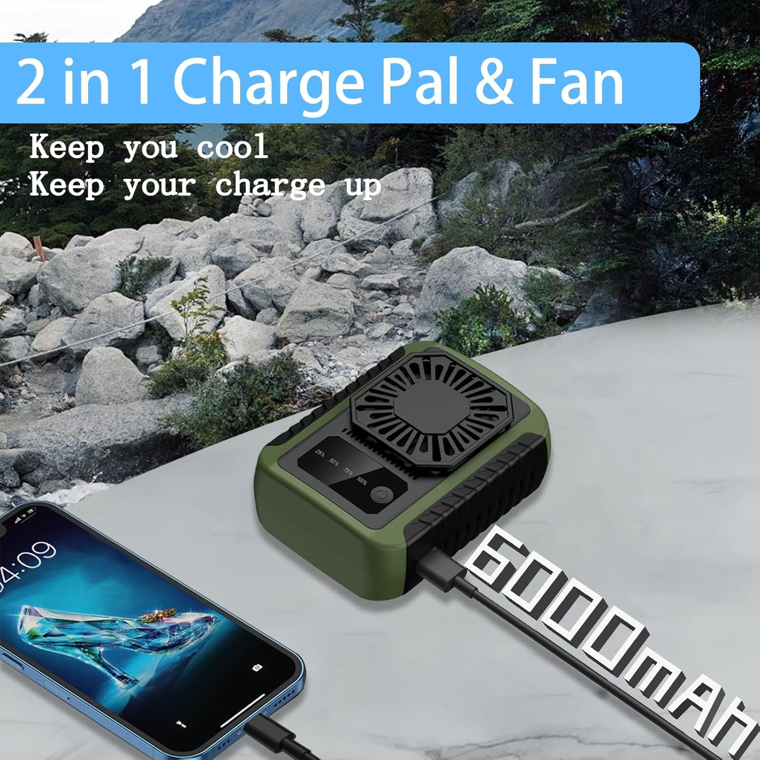 10000mAh Upgraded Waist Fan - Stepless Adjustable Speed, Rechargeable Neck Fan with over 24 hours Working time, 12000RPM Airflow, Cooling Fan with Lanyard, for Outdoor Scenario, Green - Image 4
