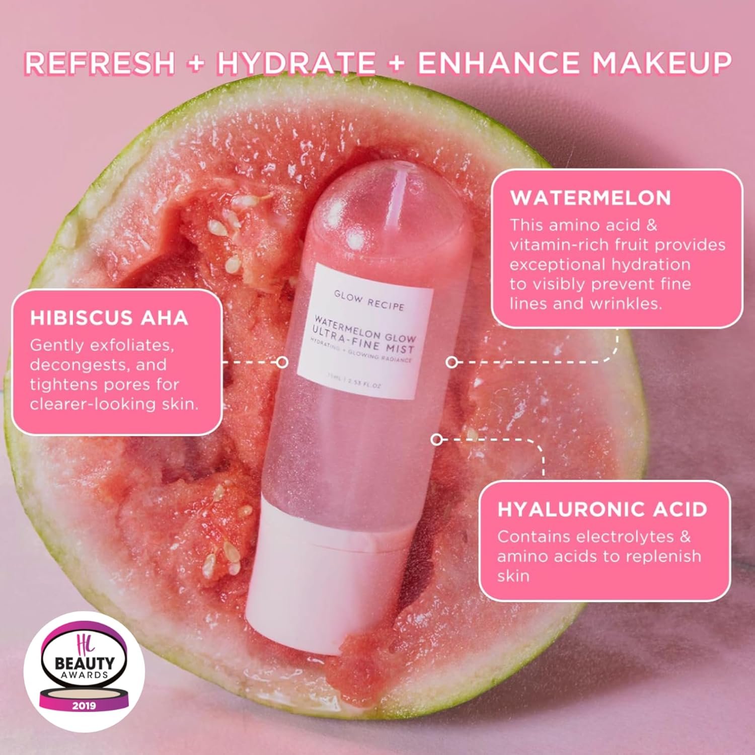 Glow Recipe Watermelon Glow Ultra-Fine Facial Mist Spray - Hyaluronic Acid Face Mist for Fresh + Glowing Skin - Hydrating Face Mist with Hibiscus AHA + Vitamin E - Watermelon Glow Face Spray (2.5 oz) - Image 3