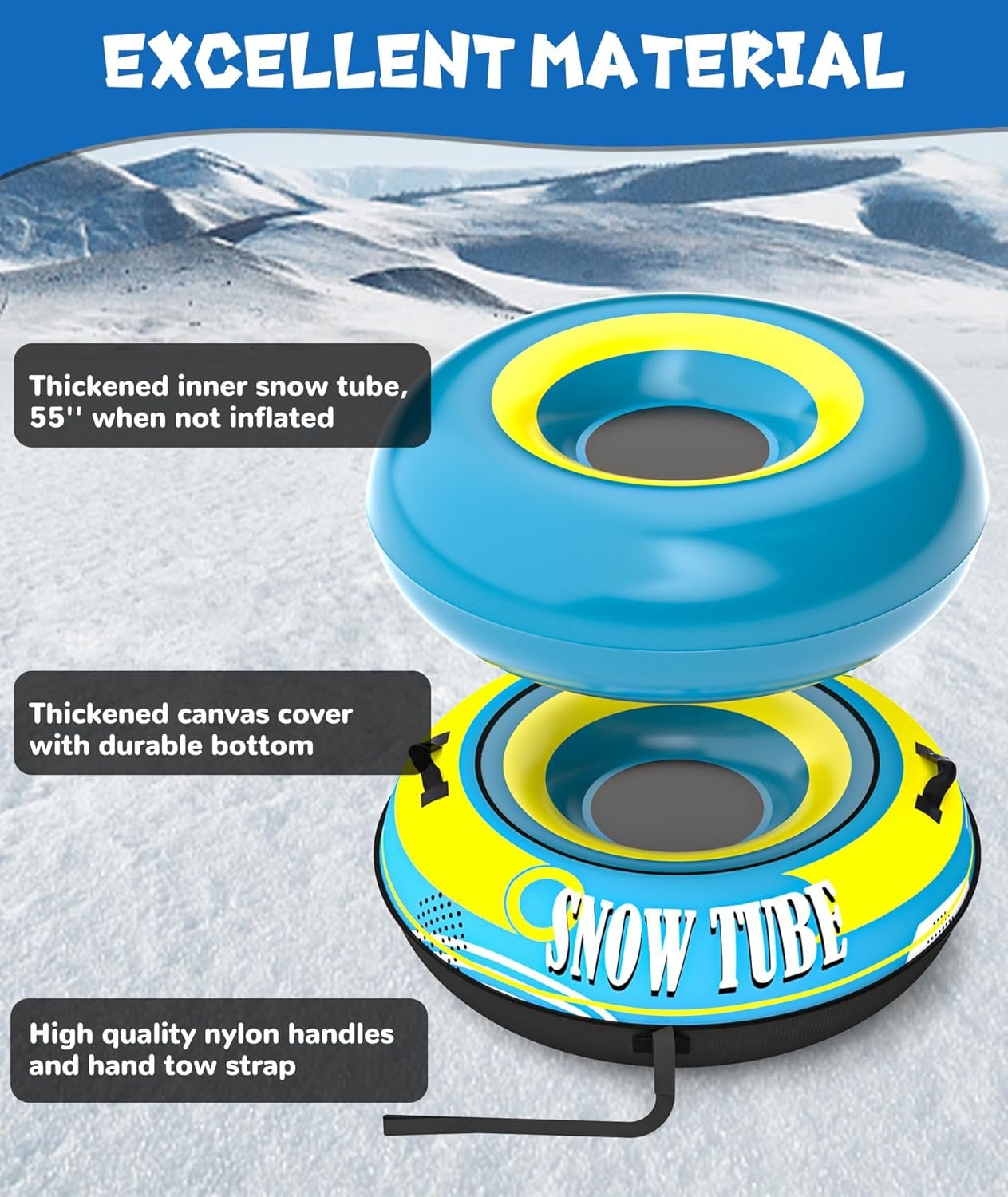 EPN 55'' Heavy Duty Snow Tube with Premium Canvas Covers and Nylon Handles for Adults, Thickened Bottom Inflatable Snow Sled Sledding Toboggan Winter Outdoor Fun Toys - Image 6