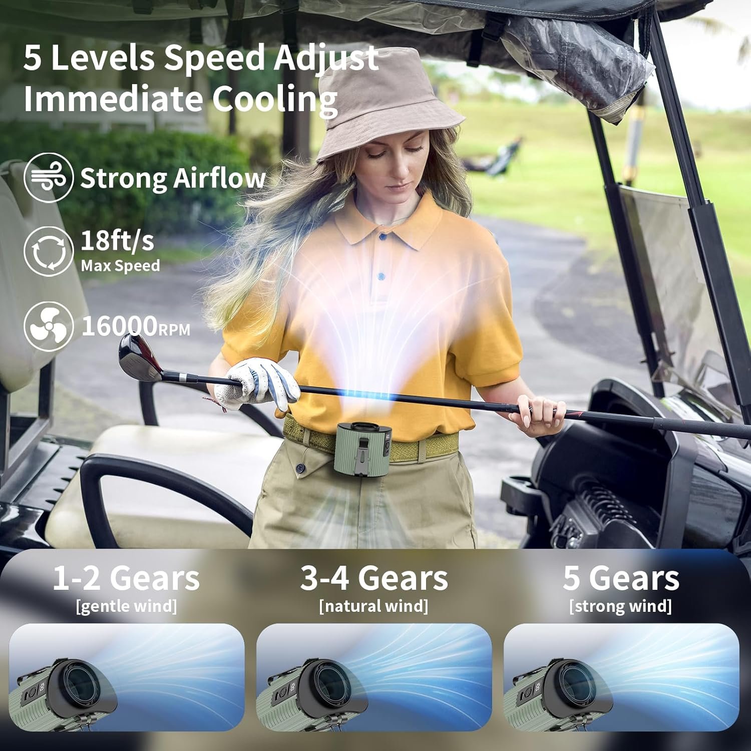 Socool 4000mAh Portable Waist Fan Clip on Wearable Belt Personal Fan Rechargeable Battery operated With 5 Speeds & Flashlight Neck Fan Hands-Free 20H Cooling For Outdoor Camping Travel - Image 3