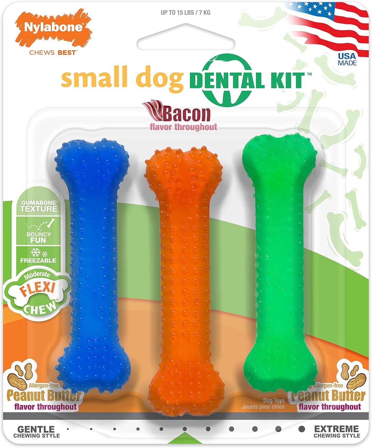 Nylabone Flexi Chew Moderate Dog Dental Chew Toy Bones Triple Pack, Peanut Butter & Bacon, X-Small/Petite (3 Count) - Image 9