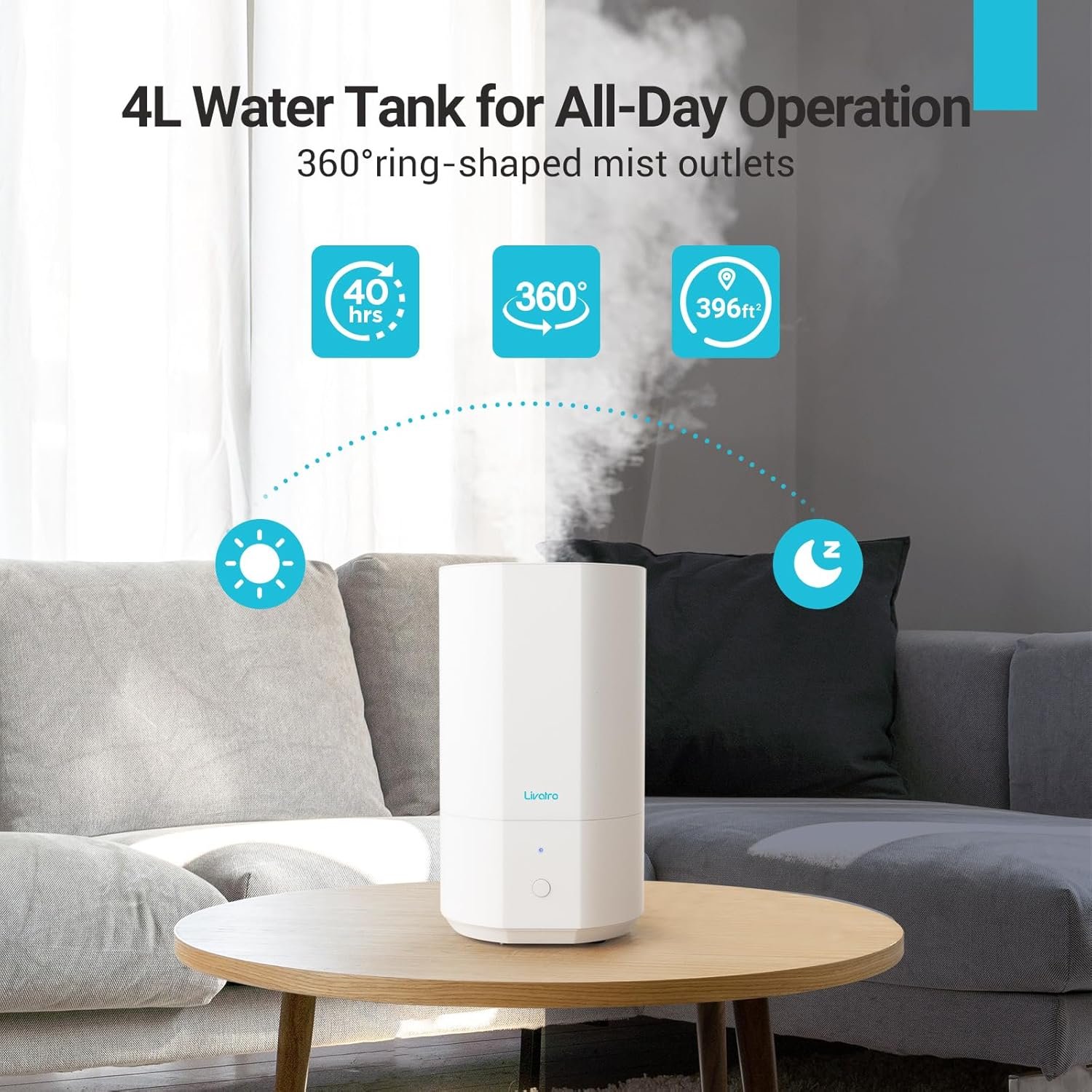 4L Top Fill Humidifiers for Bedroom Large Room Nursery, Cool Mist Humidifier With Ultrasonic Quiet, Auto Shut-off and Easy to Clean, Last up to 40 Hours, White - Image 4
