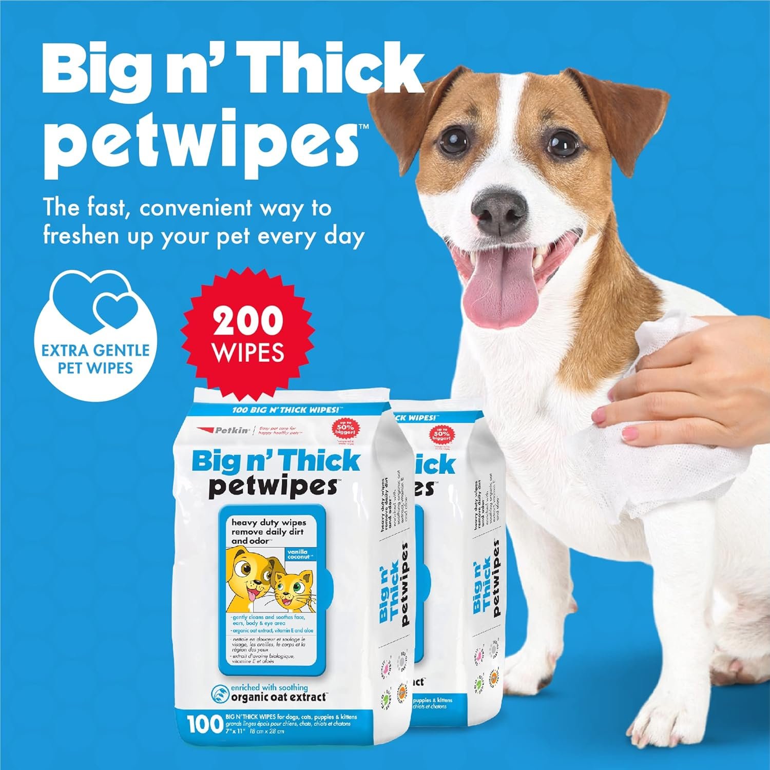 Petkin Large Pet Wipes for Dogs and Cats, 200 Count, Organic Oat Extract, Moistened with Gentle Cleaning Formula, Ideal for Home or Travel - Image 3