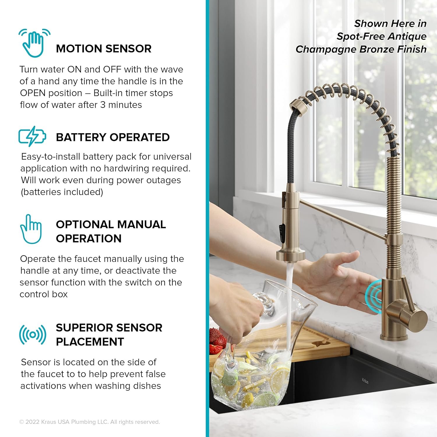 KRAUS Bolden Touchless Sensor Commercial Style 2-Function Single Handle Pull Down Kitchen Faucet in Brushed Brass/Matte Black, KSF-1610BBMB - Image 4