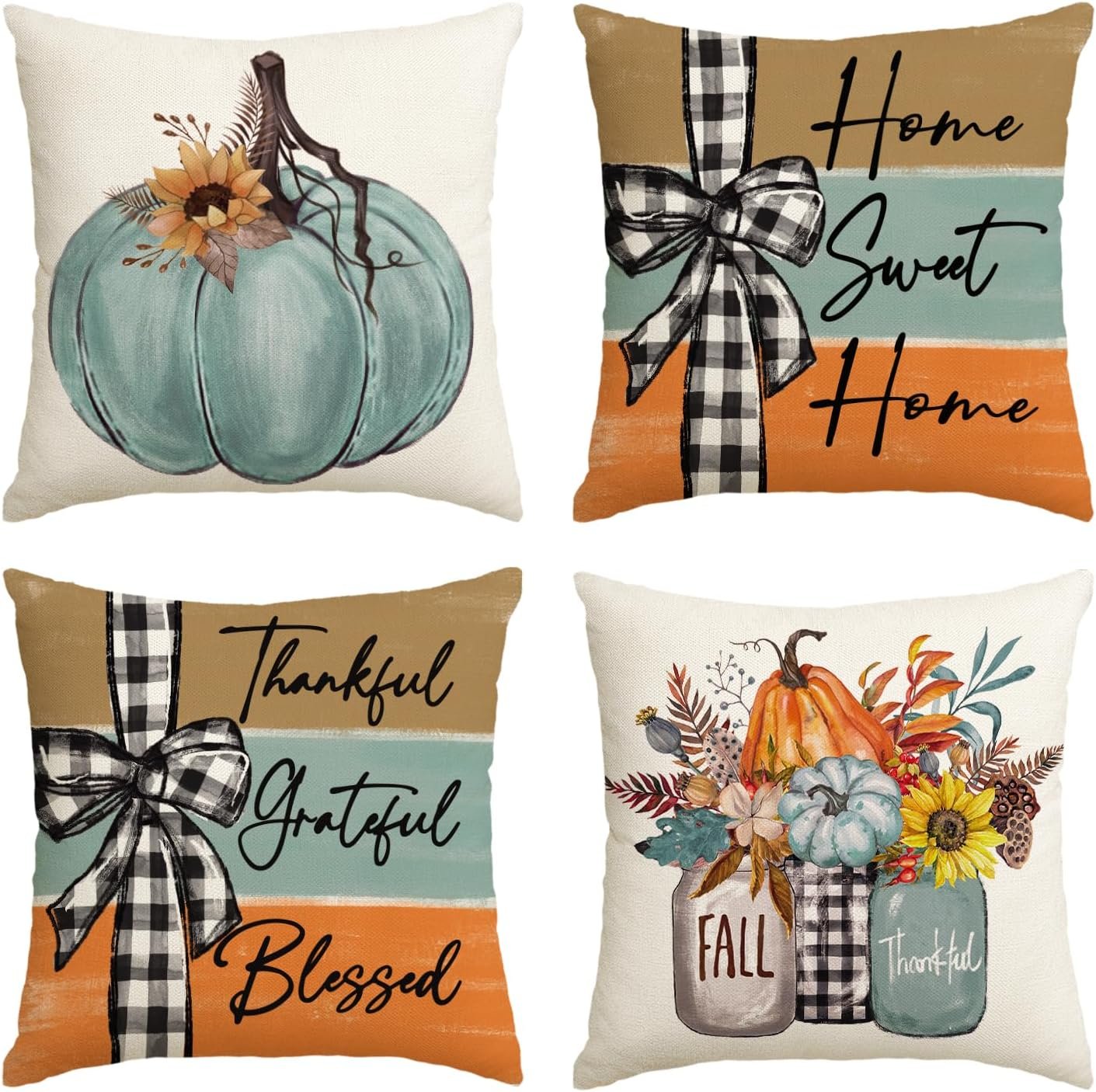 AVOIN colorlife Fall Pumpkin Home Sweet Home Throw Pillow Covers, 18 x 18 Inch Autumn Thankful Grateful Blessed Harvest Floral Decorations for Sofa Couch Set of 4 - Image 2