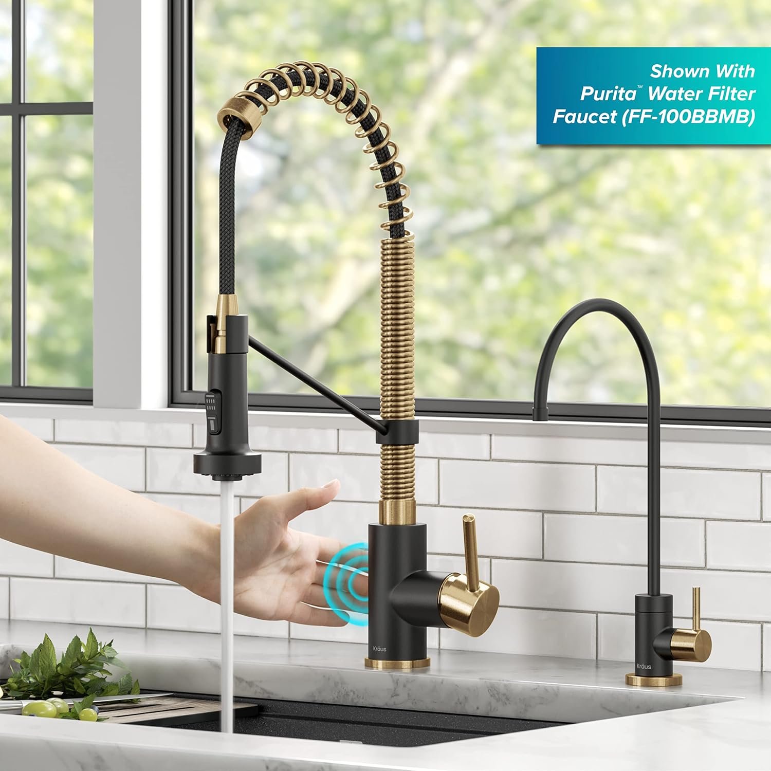 KRAUS Bolden Touchless Sensor Commercial Style 2-Function Single Handle Pull Down Kitchen Faucet in Brushed Brass/Matte Black, KSF-1610BBMB - Image 3