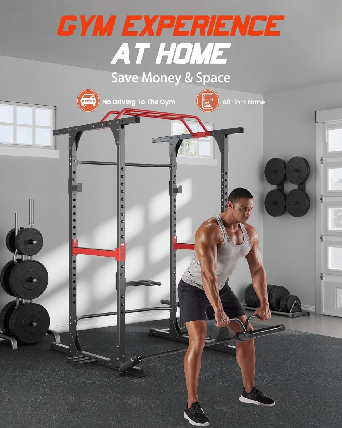 Power Cage1200lbs Capacity Commercial-grade Quality Power Rack, Multi-Functional Squat Rack Fitness Equipment with J-Hooks, Dip Handles, Landmine Attachment for Olympic Barbell Weight Plate & Bar Storage Rack for Home Gym, Garden, Garage, Low Ceiling Basement - Image 4