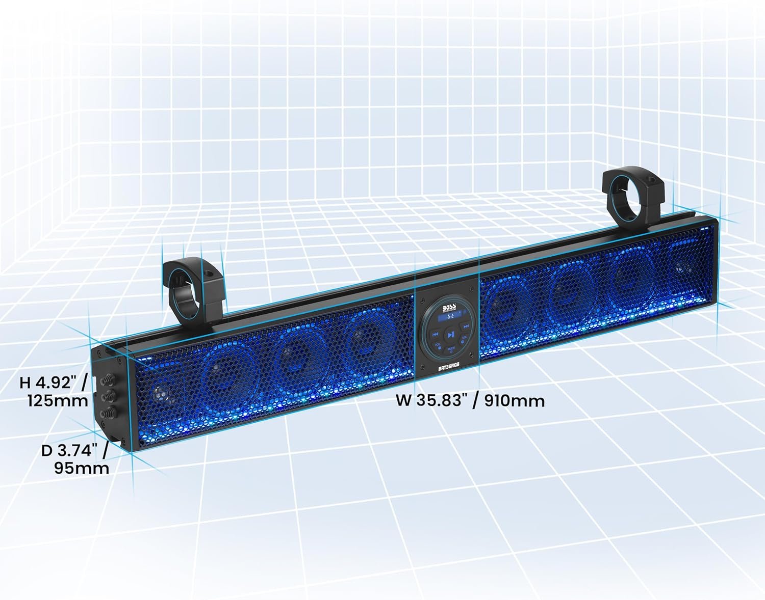 BOSS Audio Systems BRT36RGB ATV UTV Sound Bar - 36 Inches Wide, 4 inch Speakers, Full Range, 1 Inch Tweeters, IPX5 Weatherproof, Bluetooth, Built-in Amplifier, USB Port, Multicolor Illumination - Image 7
