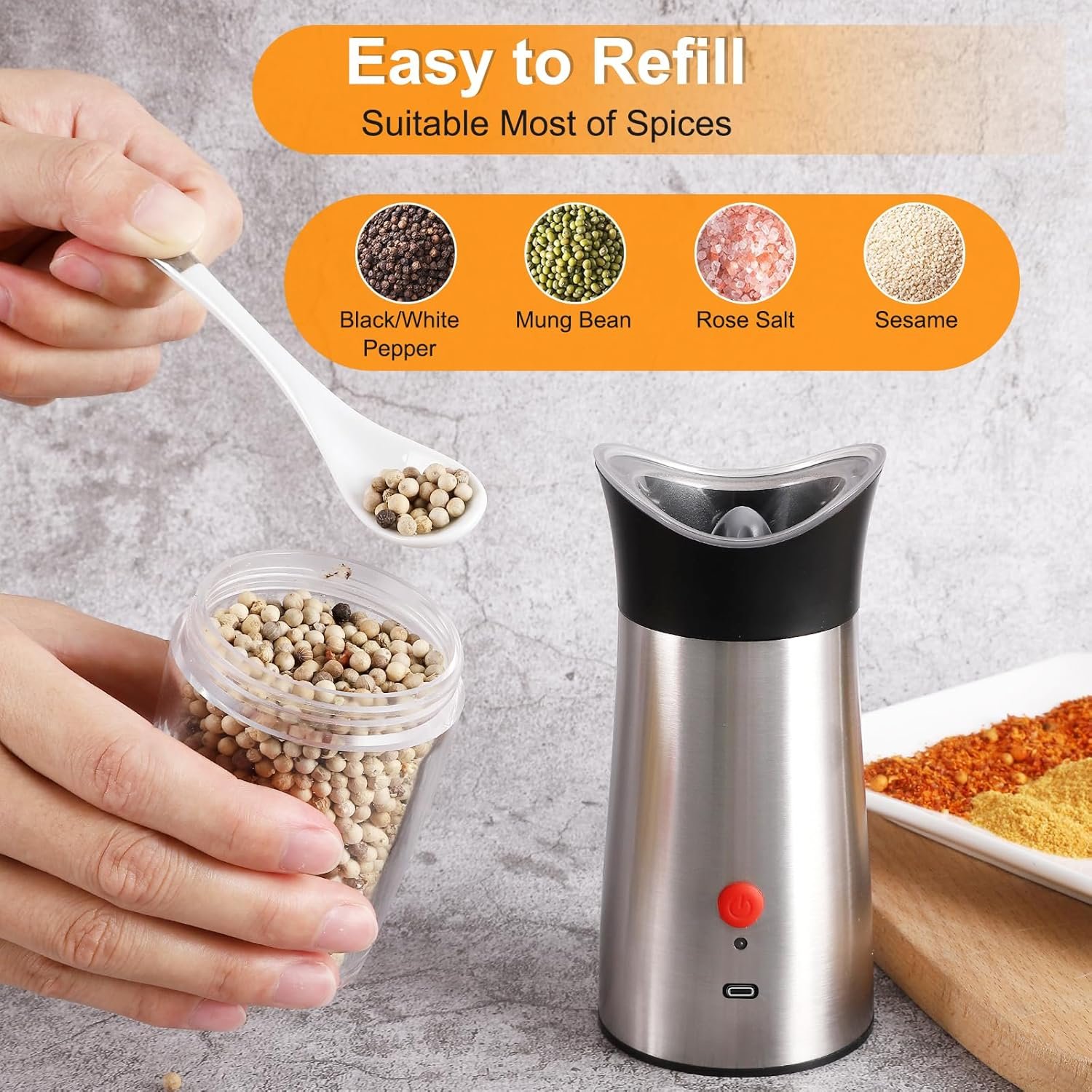 Electric Salt and Pepper Grinder Set: - for Gravity Automatic Salt Grinder Set Spice Pepper Mill with Adjustable Coarseness USB Rechargeable Battery Power Salt Mill Shakers - Image 5
