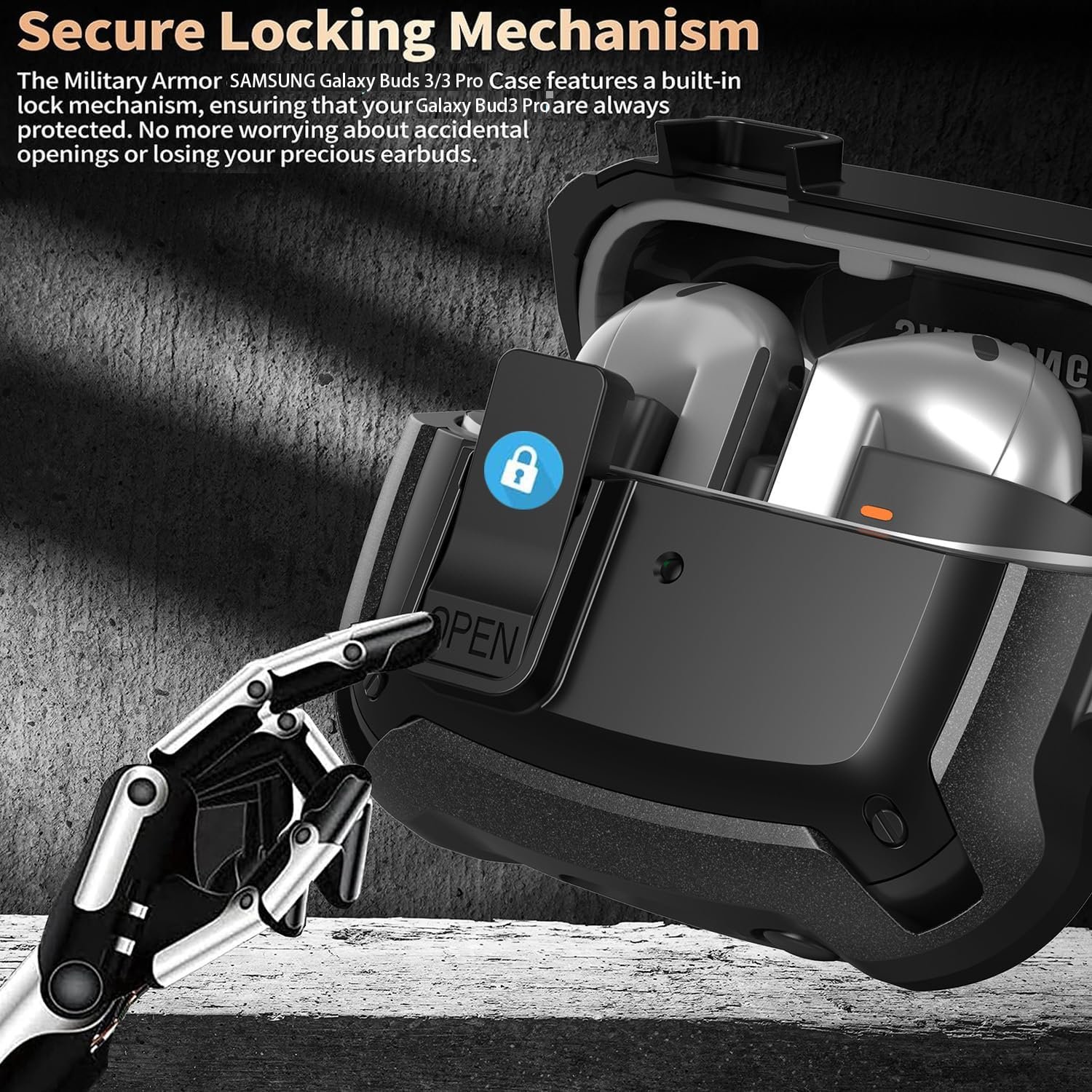 Galaxy Buds 3 Pro/Buds 3 Case Cover 2024 with Secure Lock Clip, Rugged Armor Shockproof Samsung Galaxy Buds 3/3 Pro Protective Hard Cover Shell with Carabiner&Cleaner kit for Men Women, Black - Image 3