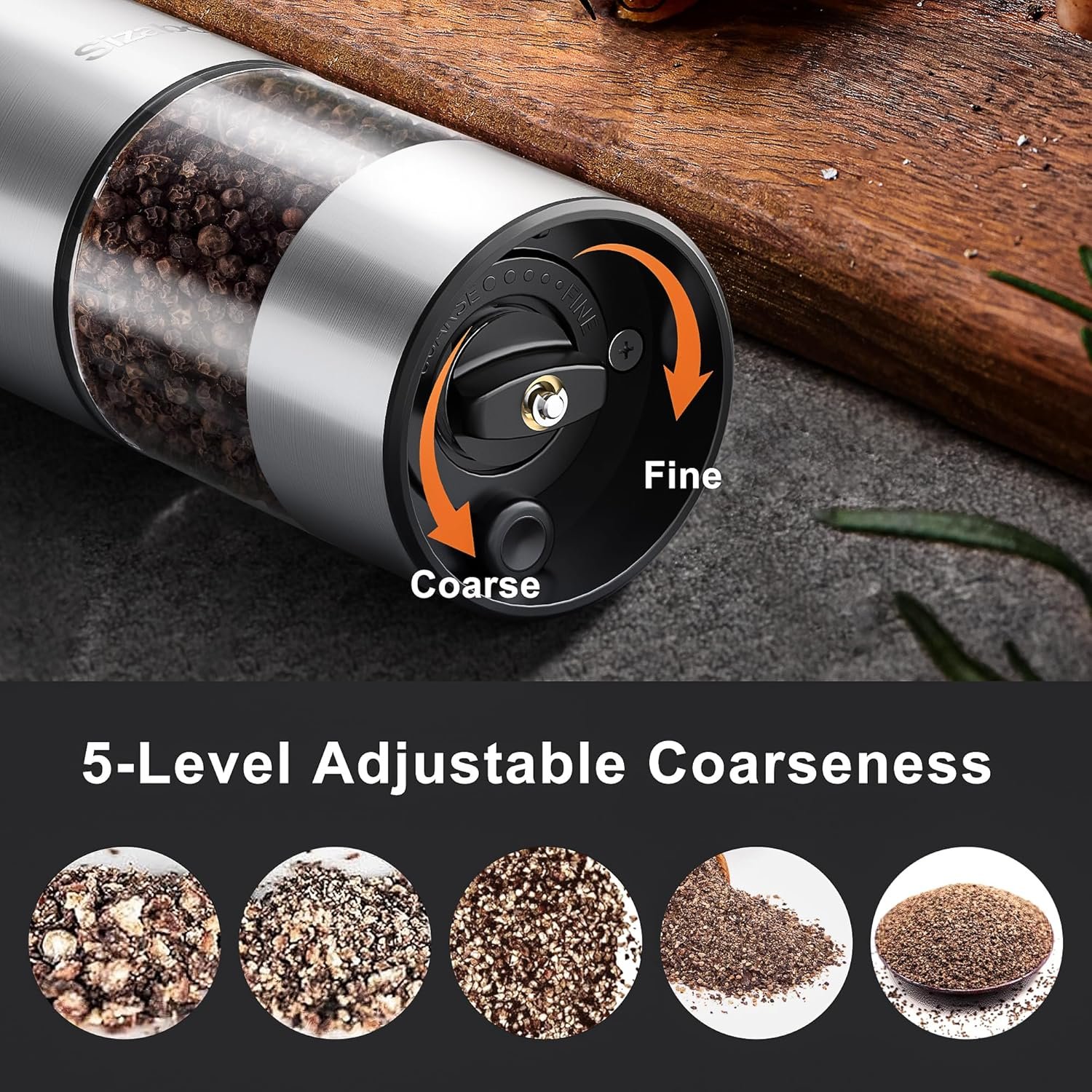 Electric Salt and Pepper Grinder Set, Type-C Rechargeable Automatic Salt Pepper Shakers Mill Grinder, One Hand Operation, Adjustable Coarseness, LED Light, Kitchen, Restaurant, Outdoor - Image 5
