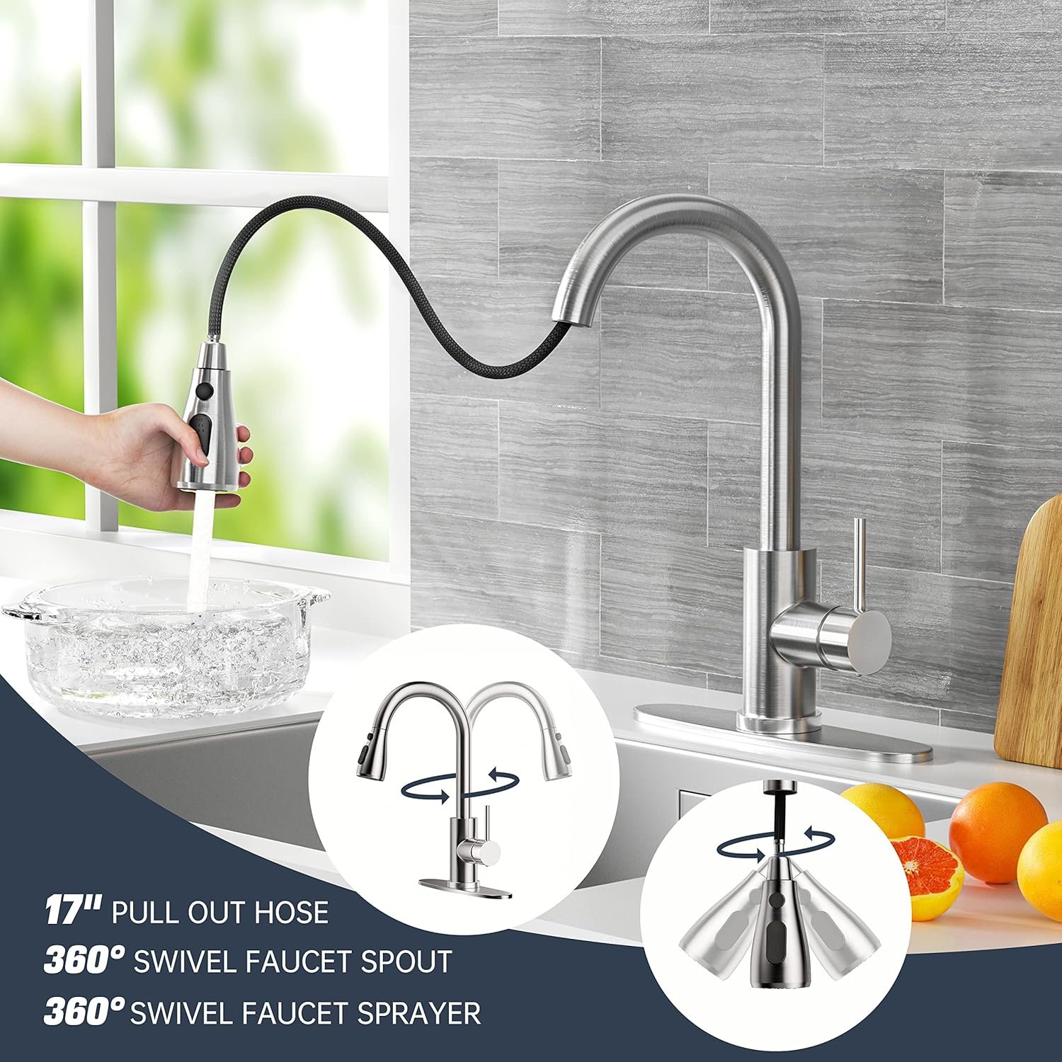 Kitchen Faucet with Pull-Down Spray Single Handle high arc Commercial Stainless Steel Brushed Nickel Kitchen Sink Faucet with Deck Suitable for bar Laundry RV Farmhouse (Brushed Nickel) - Image 5