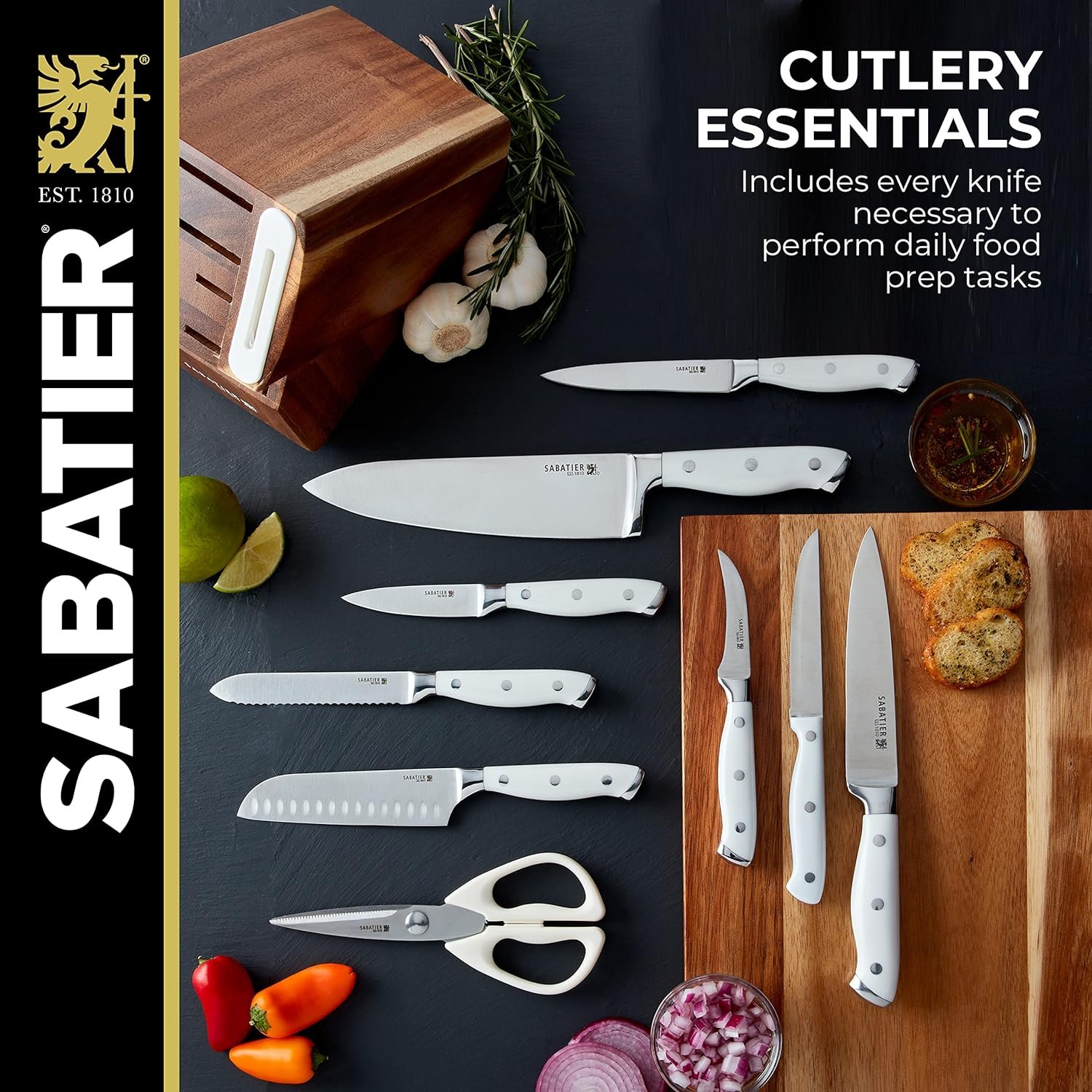 Sabatier 15-Piece Forged Triple Rivet Knife Block Set with Built-in Sharpener, High-Carbon Stainless Steel Kitchen Knives, Razor-Sharp Knife set with Acacia Block and Edgekeeper Technology, White - Image 3
