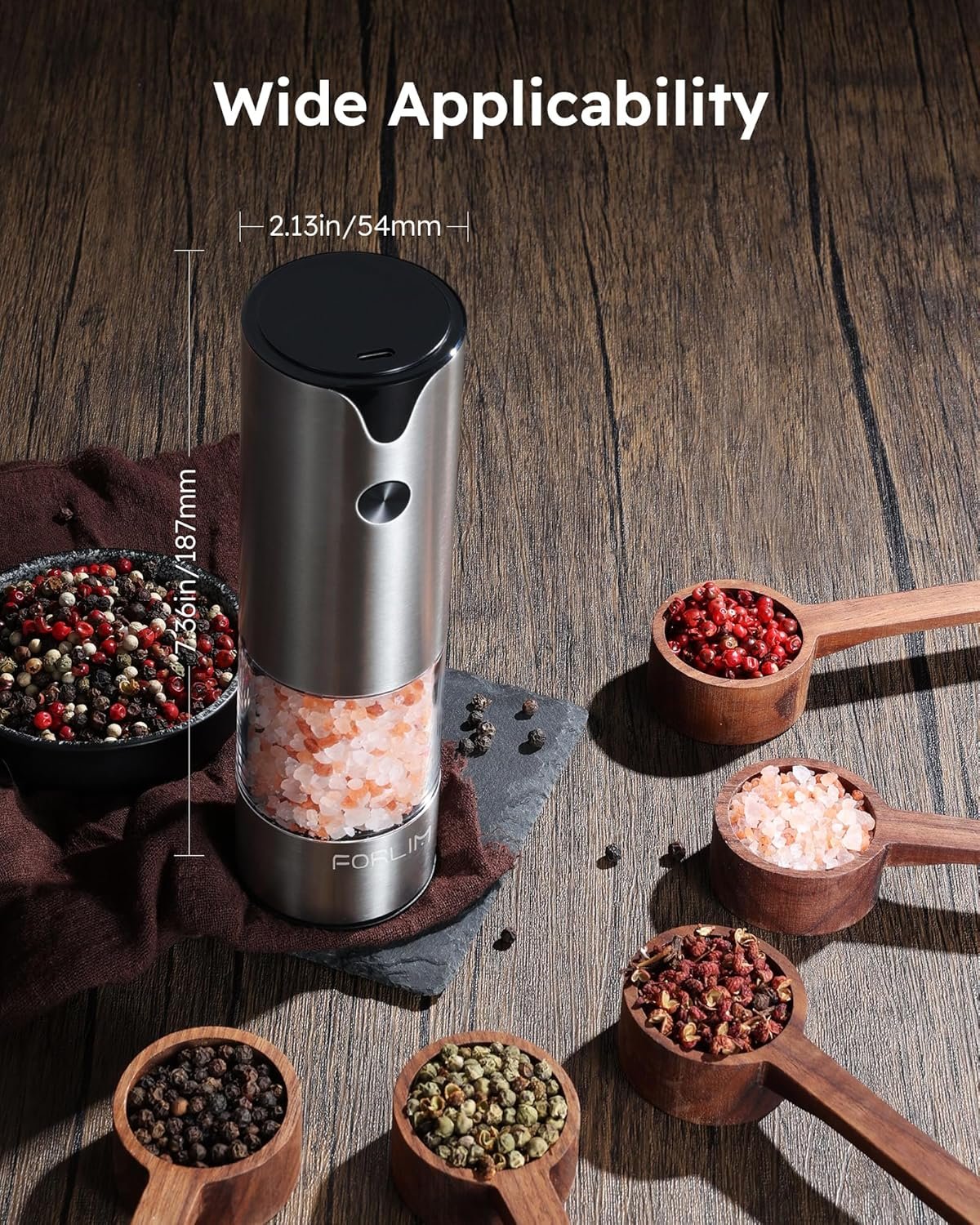 FORLIM Electric Salt and Pepper Grinder Set, USB Rechargeable, Automatic Salt Pepper Mill Grinder with Dust Cover, One-Button Control, Adjustable Coarseness, Warm LED Light (2 Packs, Stainless Steel) - Image 8