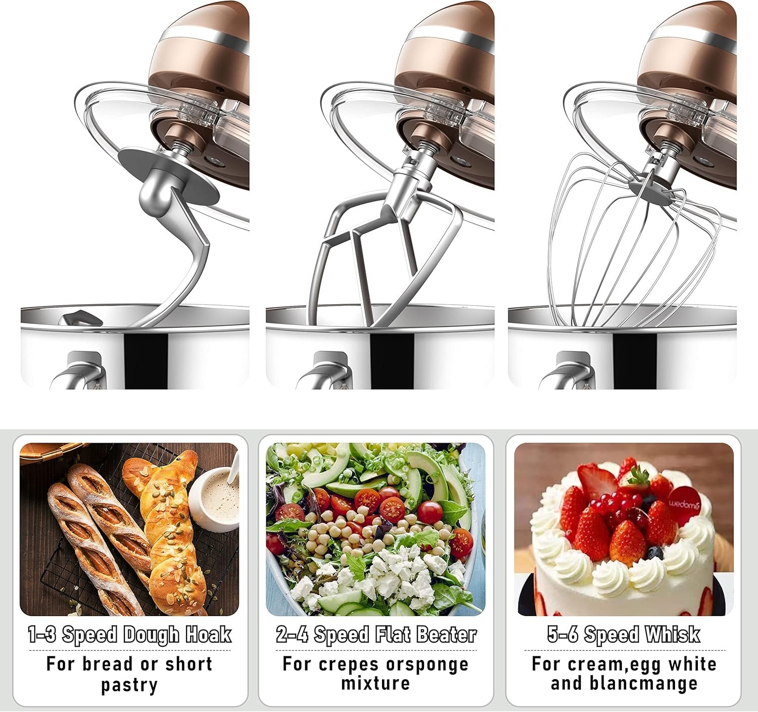 Kitchen Stand Mixer, 6.5 Quart, 6 Speed Tilt-Head Kitchen Mixer, Electric Food Mixer with Dough Hook, Wire Whip, Beater, Gold - Image 4