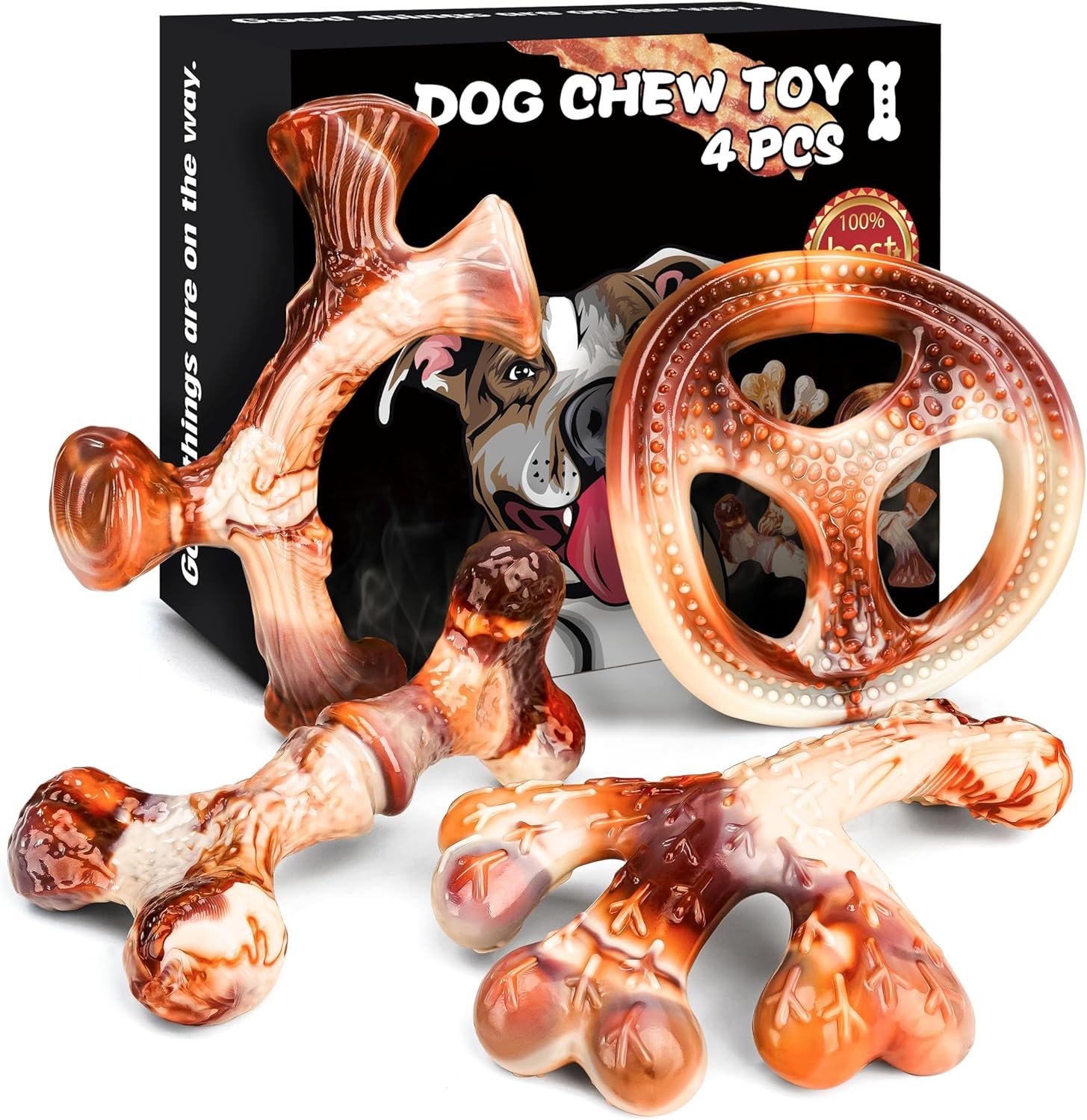 DBF 4 Pack Indestructible Dog Chew Toys for Aggressive Chewers Medium Small Breed - Durable Tough Dog Toy with Bacon Flavor, Heavy Duty Hard Nylon Dog Chew Bones for Large Dog Teething Cleaning - Image 2