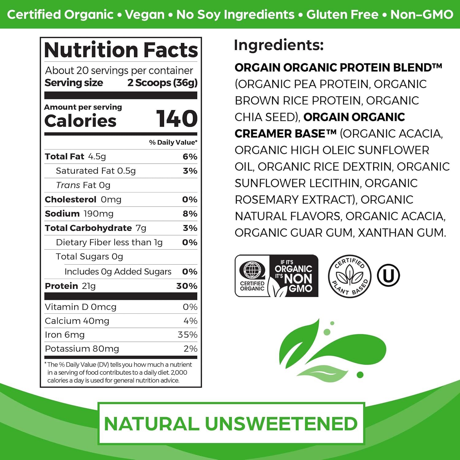 Orgain Organic Unflavored Vegan Protein Powder, Natural Unsweetened - 21g of Plant Based Protein, Non Dairy, Gluten Free, No Sugar Added, Soy Free, Non-GMO, 1.59 lb (Packaging May Vary) - Image 3