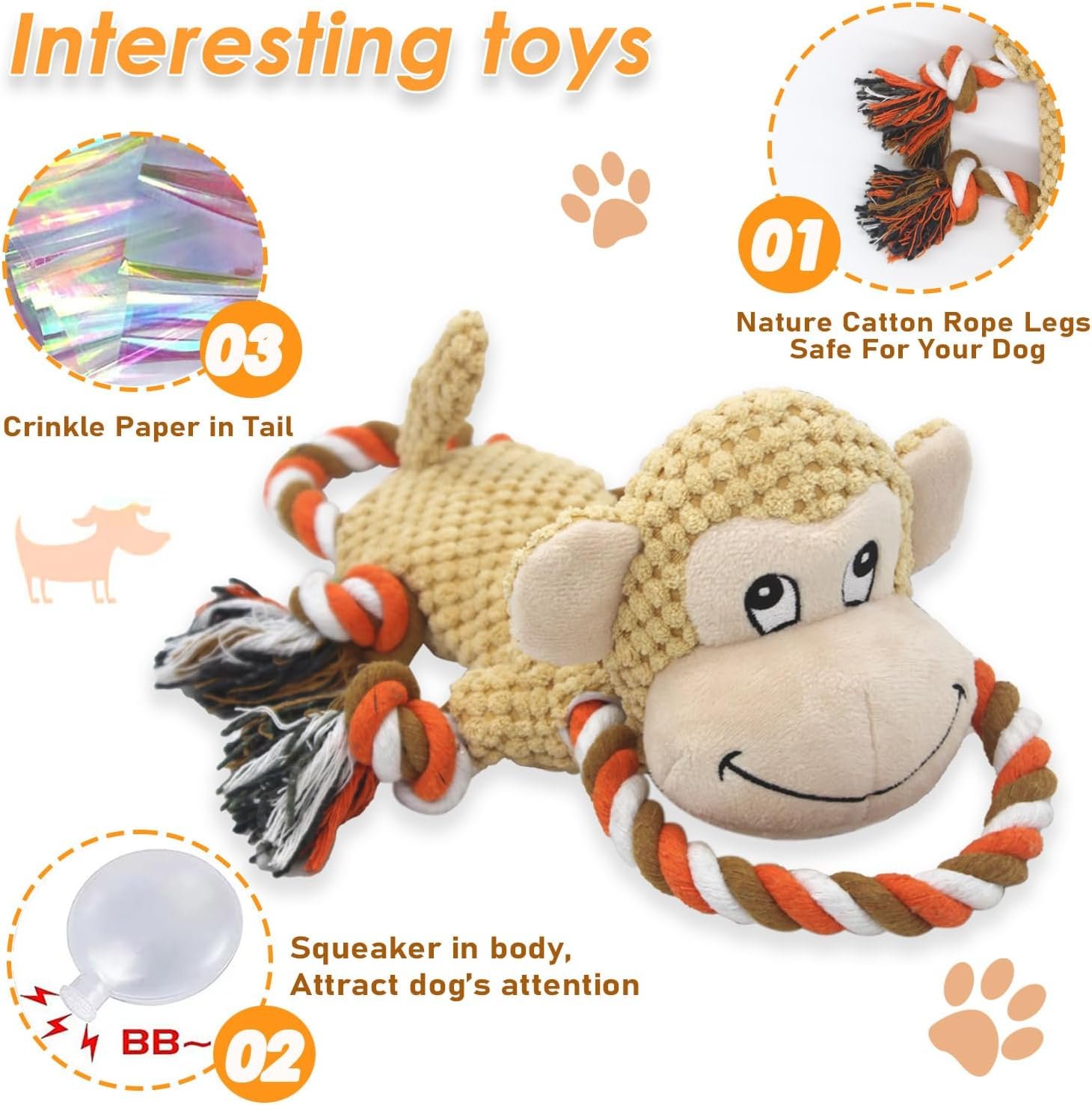 Rope Dog Toys Toys for Aggressive Chewers - Stuffed Crinkle Squeaky Dog Toys for Tug of War Plush Touch Dog Toys to Keep Them Busy Indestructible Dog Toys for Small Medium Dogs - Image 4
