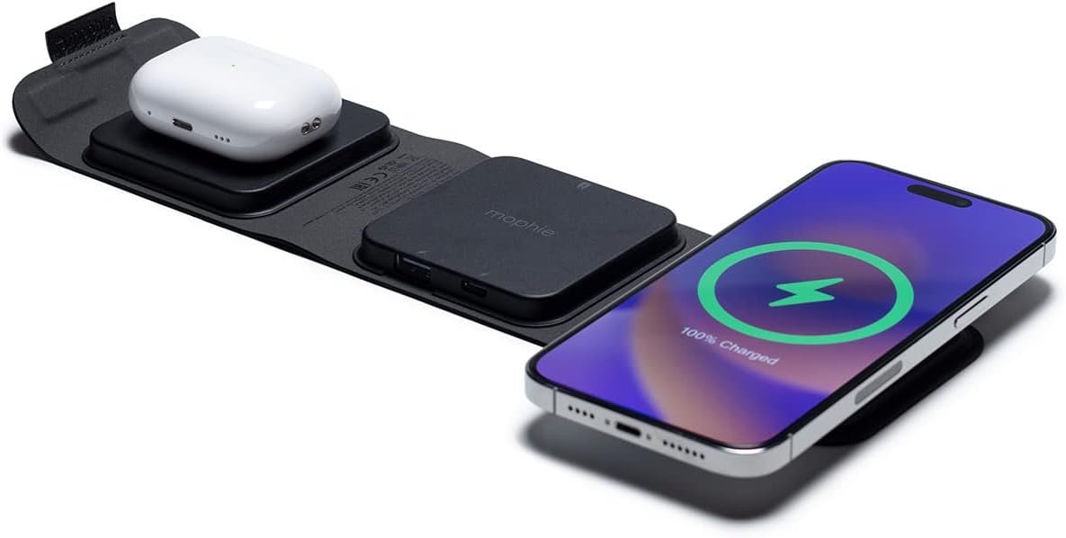 mophie Wireless 3 in 1 Travel Magnetic Wireless Charging Station, Multiple Devices, Compatible with Apple iPhones, Google, Samsung Devices, AirPods, BYO Watch Charger. (Watch Charger not Included) - Image 2