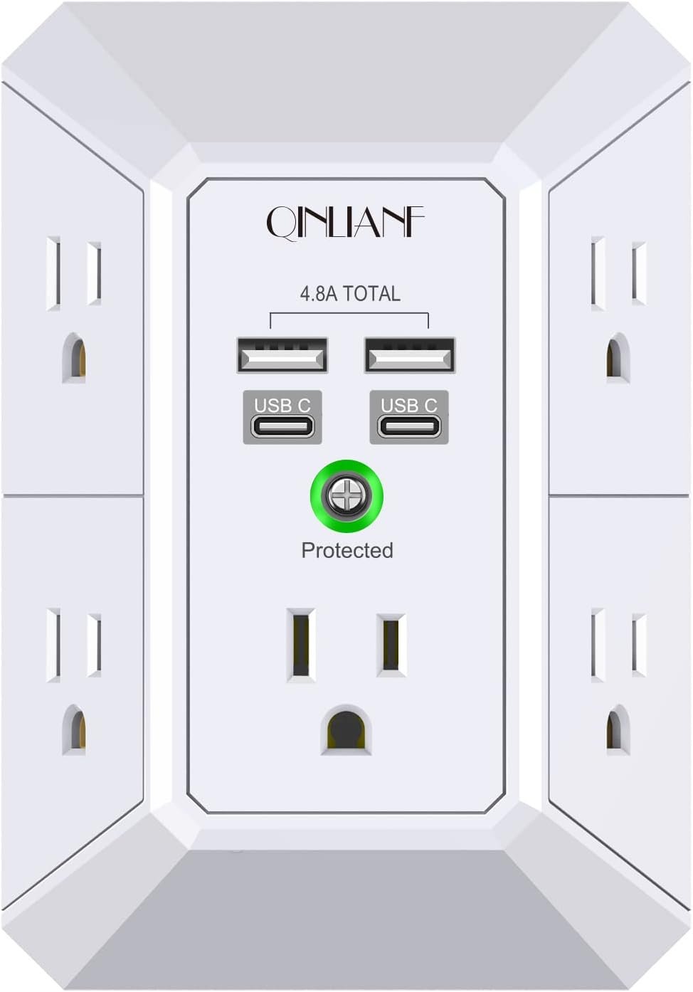USB Wall Charger, Surge Protector, QINLIANF 5 Outlet Extender with 4 USB Charging Ports (4.8A Total) 3-Sided 1680J Power Strip Multi Plug Outlets Wall Adapter Spaced for Home Travel Office(2U2C),White - Image 2