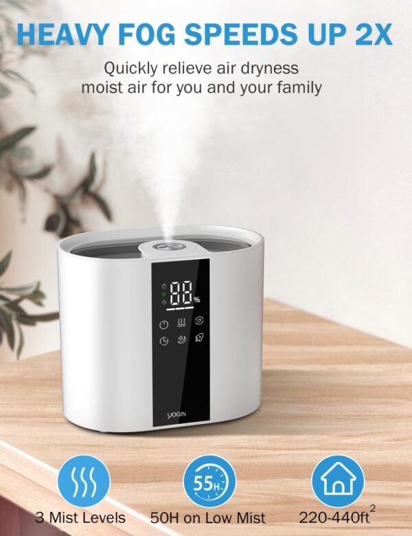 YOGIN humidifiers for Bedroom, 5.5L Ultrasonic Cool Mist Humidifiers for Home Baby Nursery & Plants,Top Fill Smart Air Humidifier Runs for up to 60 Hours,Intelligent Humidity Control and Auto Shut-Off - Image 3