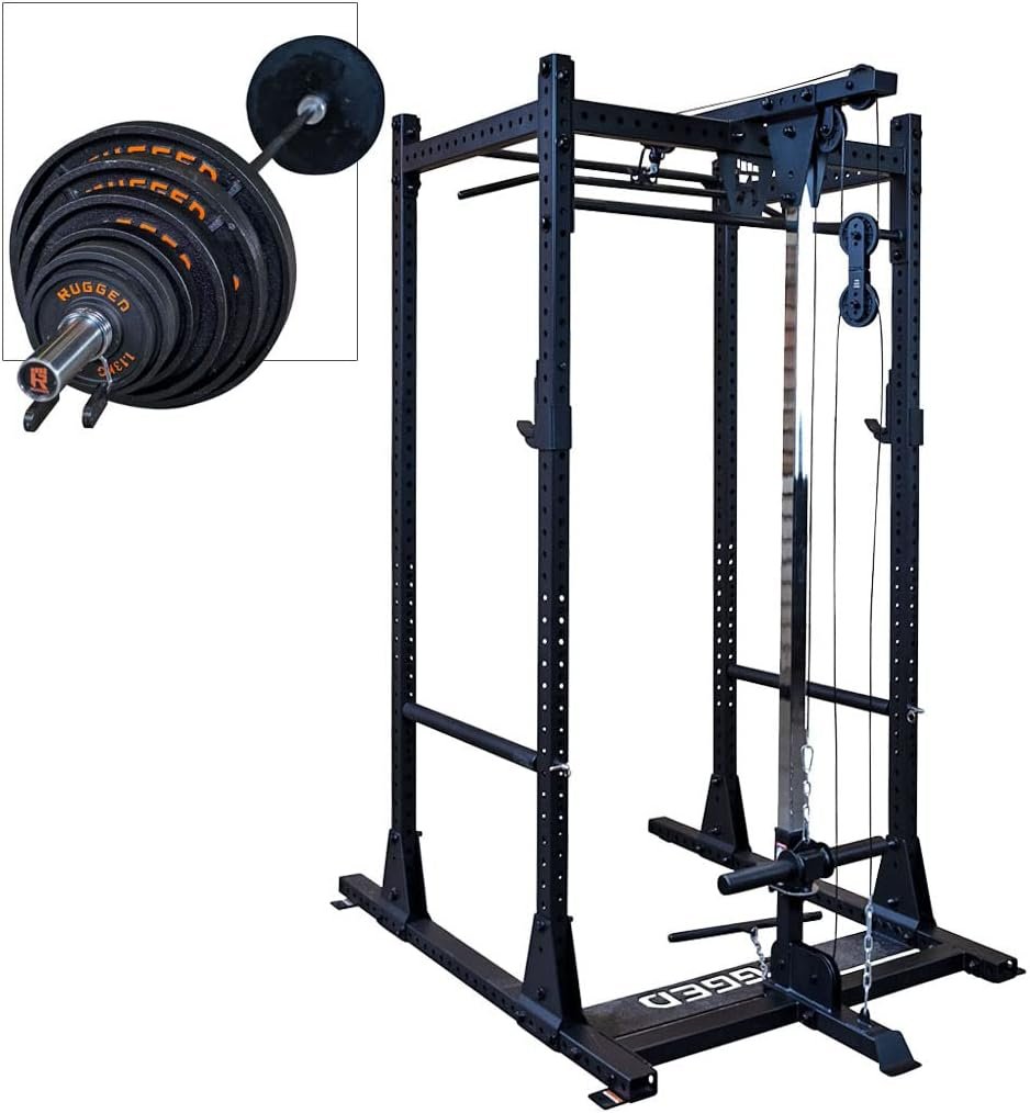Rugged Strength & Fitness Power Rack (Y100P3) with Lat Attachment - 300 lb. Weight Set Included, Ideal for Home Gym Strength Training, Squats, and Workout - Enhanced Power Cage for Fitness Reality - Image 2