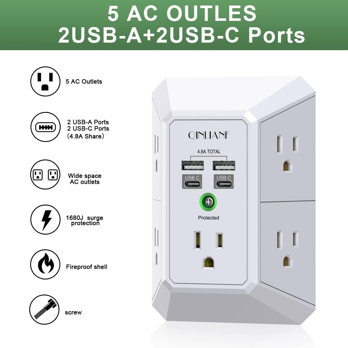 USB Wall Charger, Surge Protector, QINLIANF 5 Outlet Extender with 4 USB Charging Ports (4.8A Total) 3-Sided 1680J Power Strip Multi Plug Outlets Wall Adapter Spaced for Home Travel Office(2U2C),White - Image 4