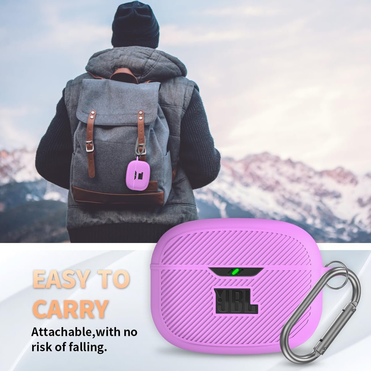 for JBL Vibe 200TWS/JBL Vibe Beam Case Cover, Silicone Protective Shock Cover Compatible with JBL Vibe 200TWS & JBL Vibe Beam True Wireless Headphones Charging Case with Carabiner(Purple) - Image 7