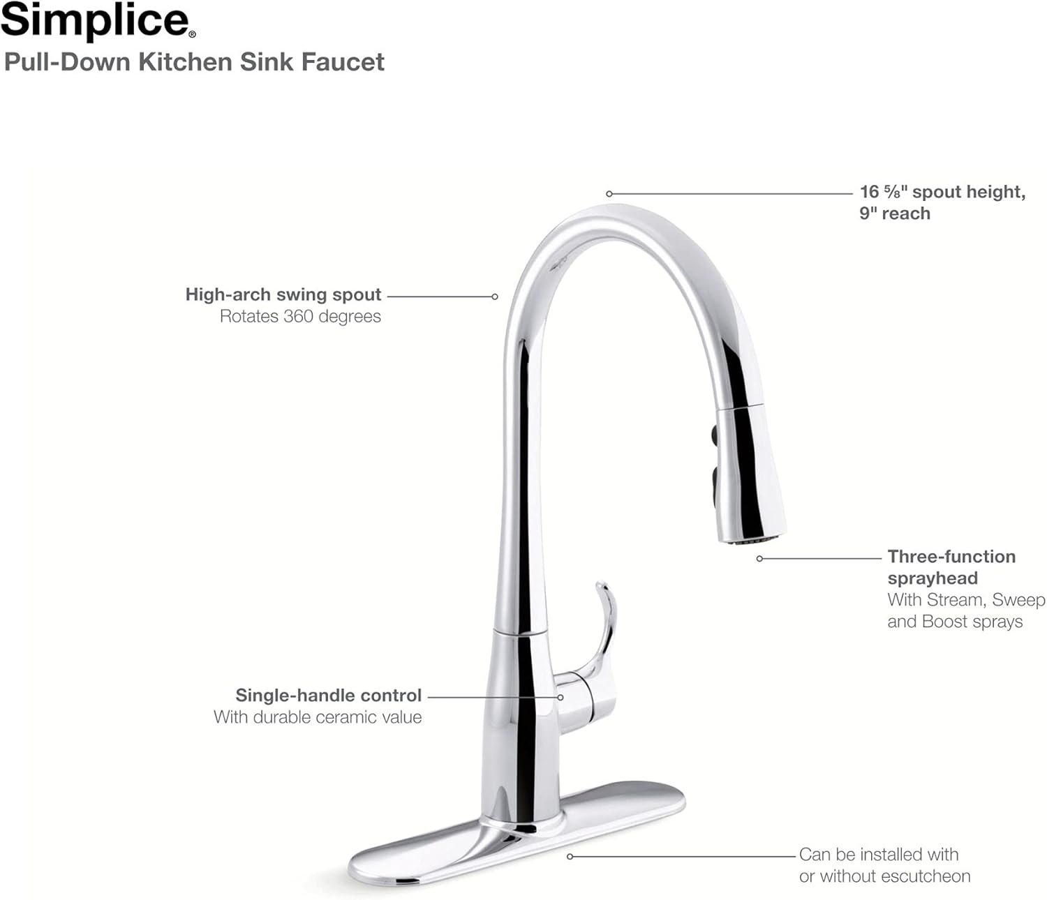 KOHLER 596-VS Simplice Pull Down Kitchen Faucet, 3-Spray Faucet, Kitchen Sink Faucet with Pull Down Sprayer, Vibrant Stainless, High Arch - Image 9