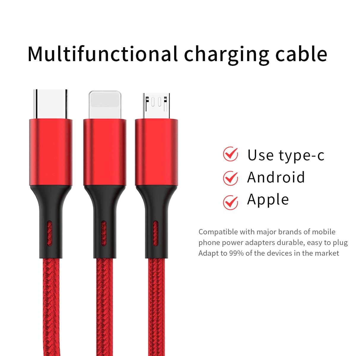 Multi Charging Cable 3 in 1 Nylon Braided Multi USB Cable Multiple Charger Fast Charging Cord Compatible with Most Smart Phones & Pads 1PCS - Image 3