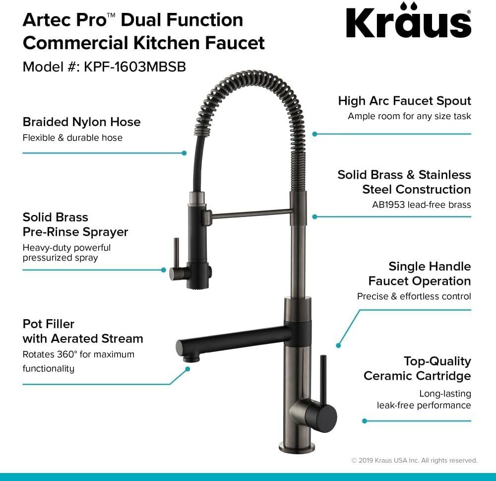 KRAUS Artec Pro (1 st Gen) Commercial Style Pre-Rinse Single Handle Kitchen Faucet (No Pull Down) with Pot Filler in Matte Black/Black Stainless Steel, KPF-1603MBSB - Image 12