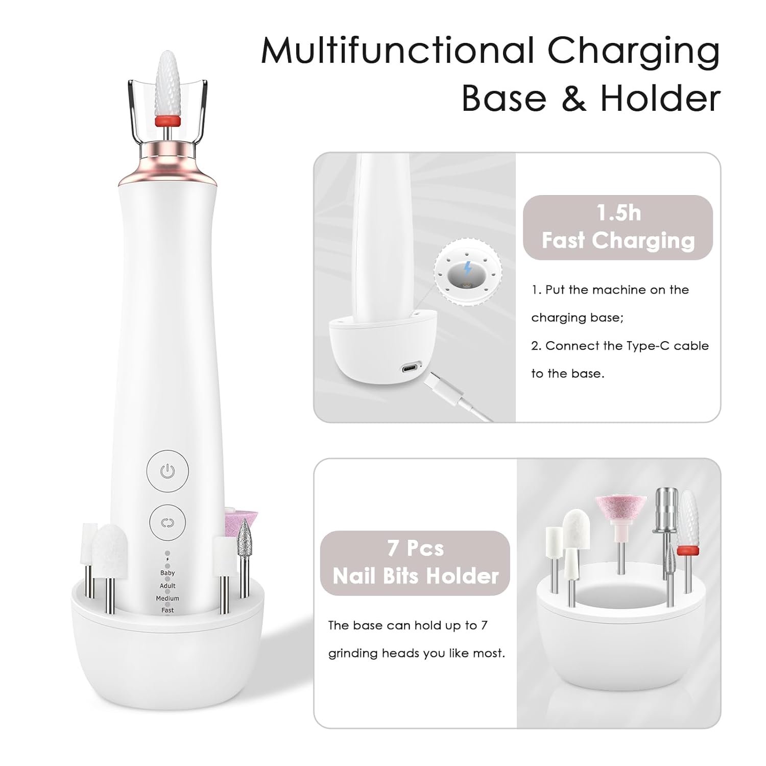 Professional Manicure Pedicure Kit with Charging Base: Cordless 20 in 1 Electric Nail File Set for Thick toenail, 5 Speeds Nail Drill Machine for Hand Feet Buffer Grinder Trimmer Men Woman Pets Baby - Image 4