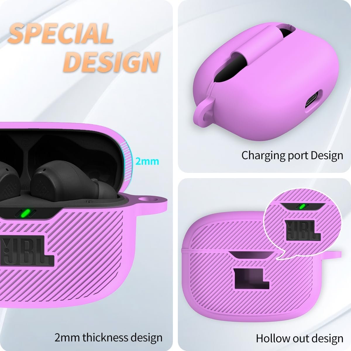 for JBL Vibe 200TWS/JBL Vibe Beam Case Cover, Silicone Protective Shock Cover Compatible with JBL Vibe 200TWS & JBL Vibe Beam True Wireless Headphones Charging Case with Carabiner(Purple) - Image 4