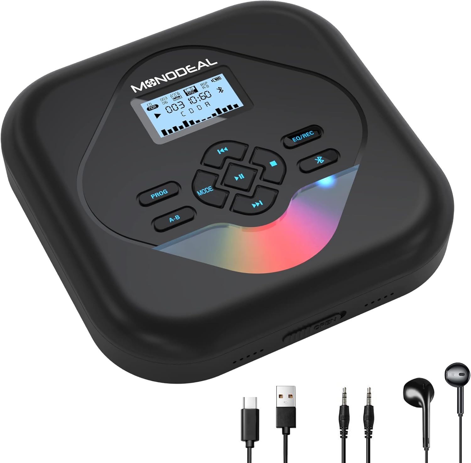 MONODEAL CD Player Portable,Bluetooth CD Player with Speakers,Rechargeable Walkman CD Player for Car and Home,Small Anti-Skip CD Player with Dual Headphone Jacks,WAV/FLAC/MP3/CD Compatible - Image 2