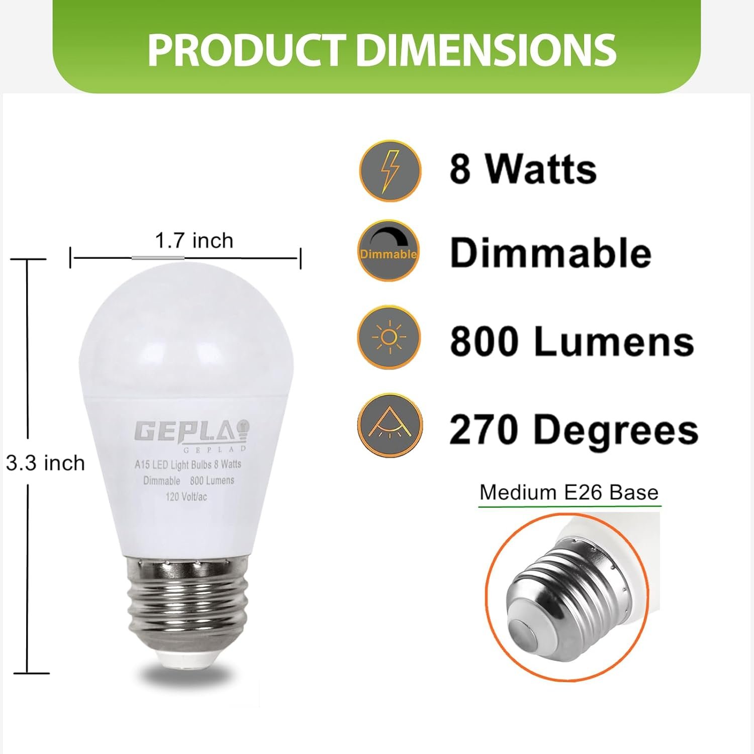 6 Pack A15 Light Bulb Dimmable 60W Equivalent, 8W LED Waterproof Refrigerator Bulbs,5000K Daylight, 800 LM, E26 Medium Base,for Indoor and Outdoor, Ceiling Fan, Wall sconces,Appliance Bulb - Image 4