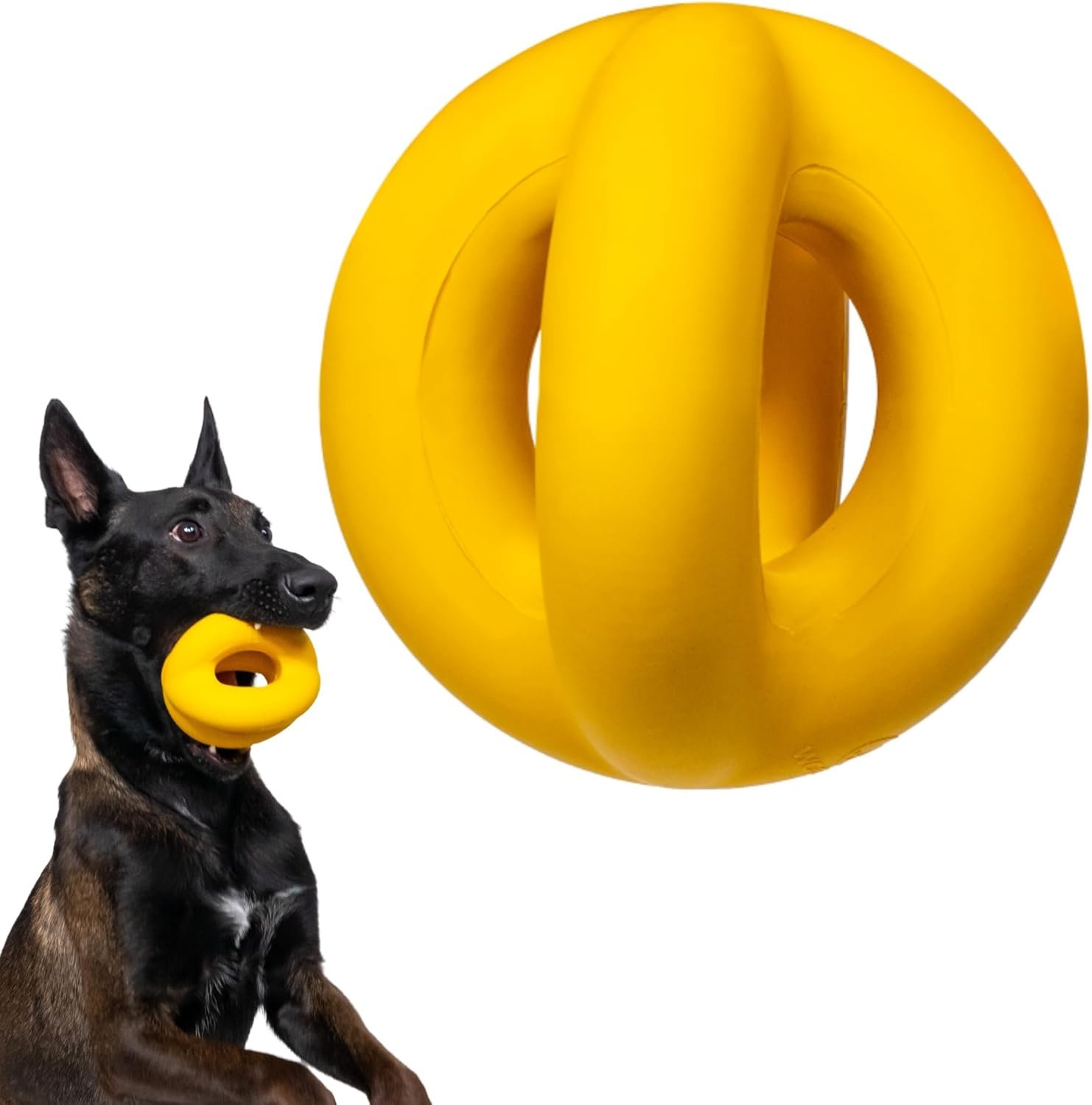Indestructible Ring Ball - Lifetime Replacement - for Aggressive Chewers, Medium Large Breed - Non-Toxic Natural Rubber Dog Toys - Butter Scent, Yellow (Highly Visible Color for Dogs) - 4.5” - Image 2