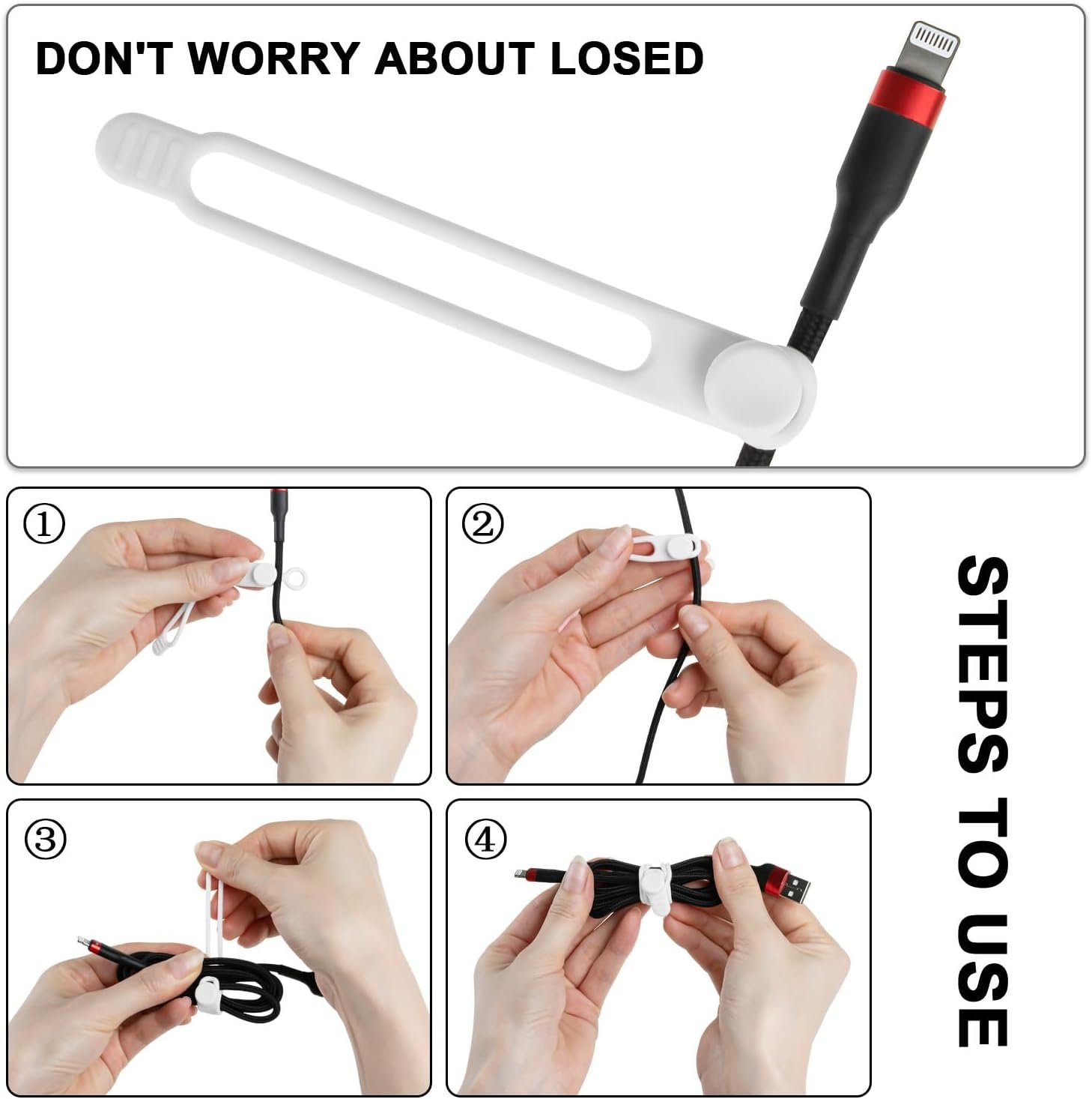 Nearockle 16Pcs 4.2" Silicone Cable Ties Cord Organizer for Cable Management, Reusable Cable Organizer Electronic Accessories in Home,Office,Kitchen,School,Travel(Black*8 & White*8) - Image 4