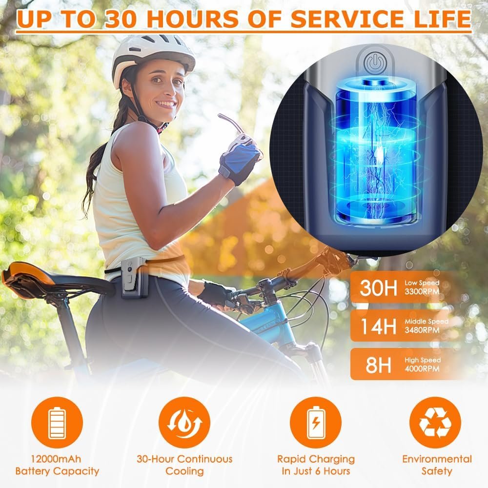 12000mAh Portable Waist Clip Fan, Personal Neck Fan with Lanyard, 30H Working Time, Wearable Body Belt Fan, LED Light, 3 Speeds, SWearable Fan for Outdoors, Jobsite, Travel,Riding,Farm - Image 5