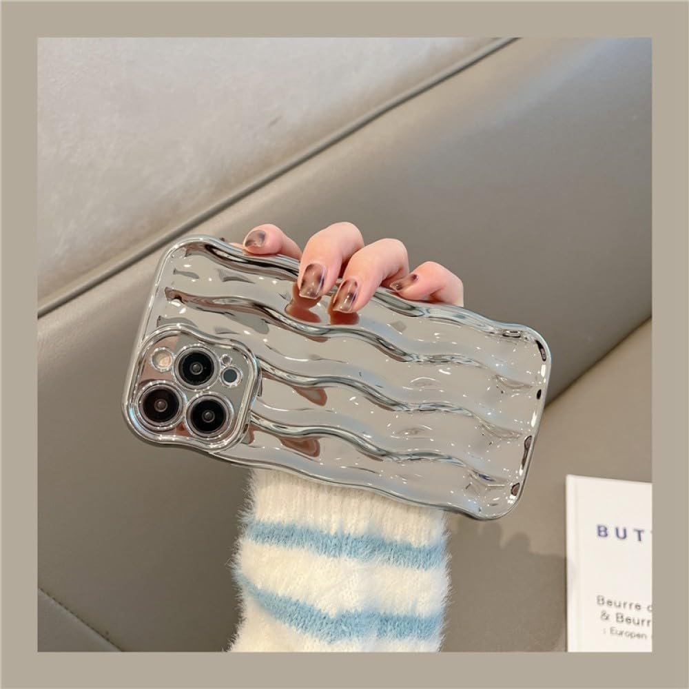 Luxury Electroplated Wavy Pattern Phone Case for iPhone 11 12 13 14 15 Pro Max Candy Bumper Soft Silicone Cases Cover,Silver,for iPhone 14Pro - Image 4