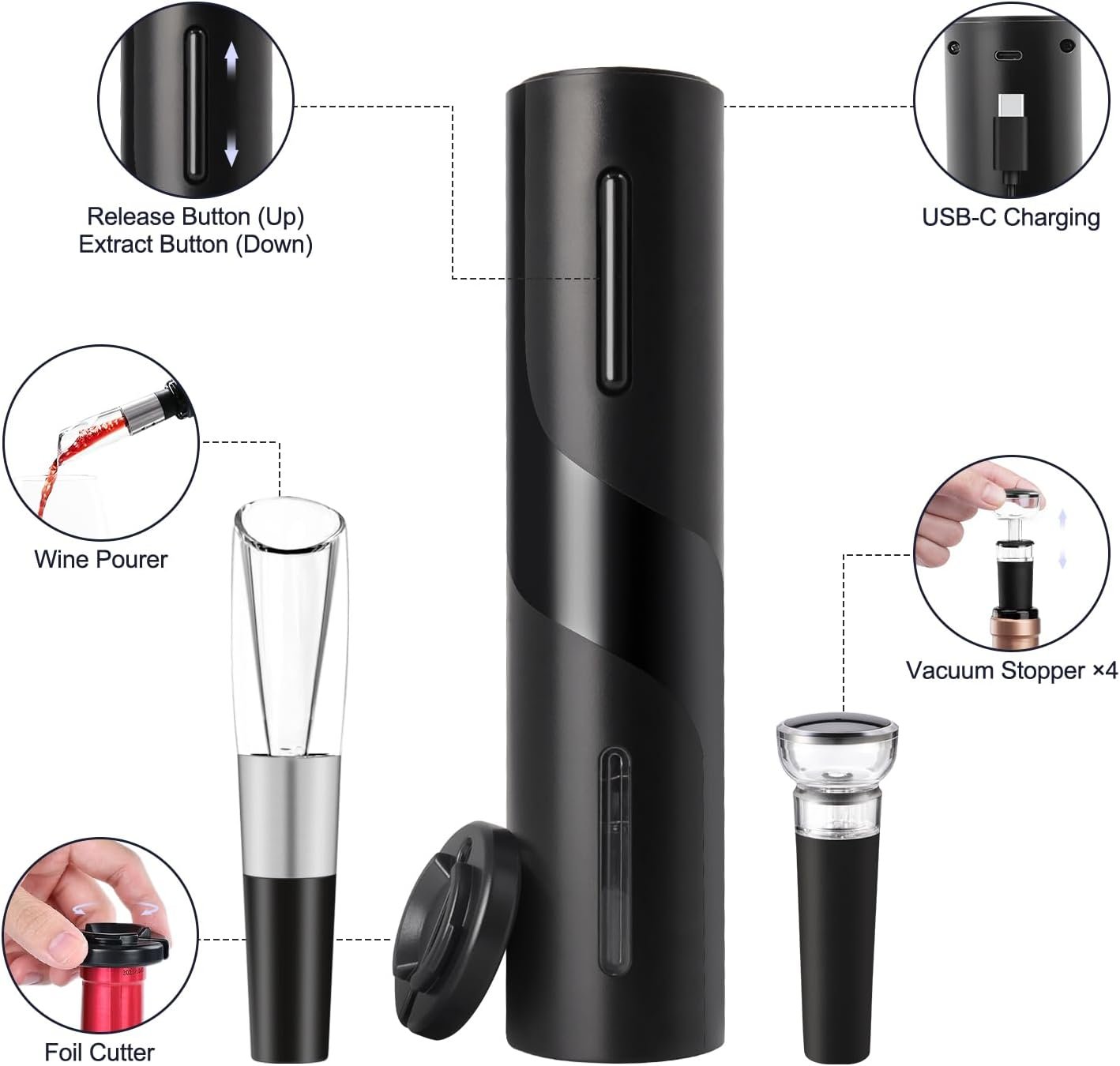 Electric Wine Opener Set, Rechargeable Wine Bottle Opener with Foil Cutter / 4 x Vacuum Stoppers/Premium Wine Aerator Pourer, Wine Corkscrew Remover, Automatic Wine Opener Gifts(Black) - Image 7